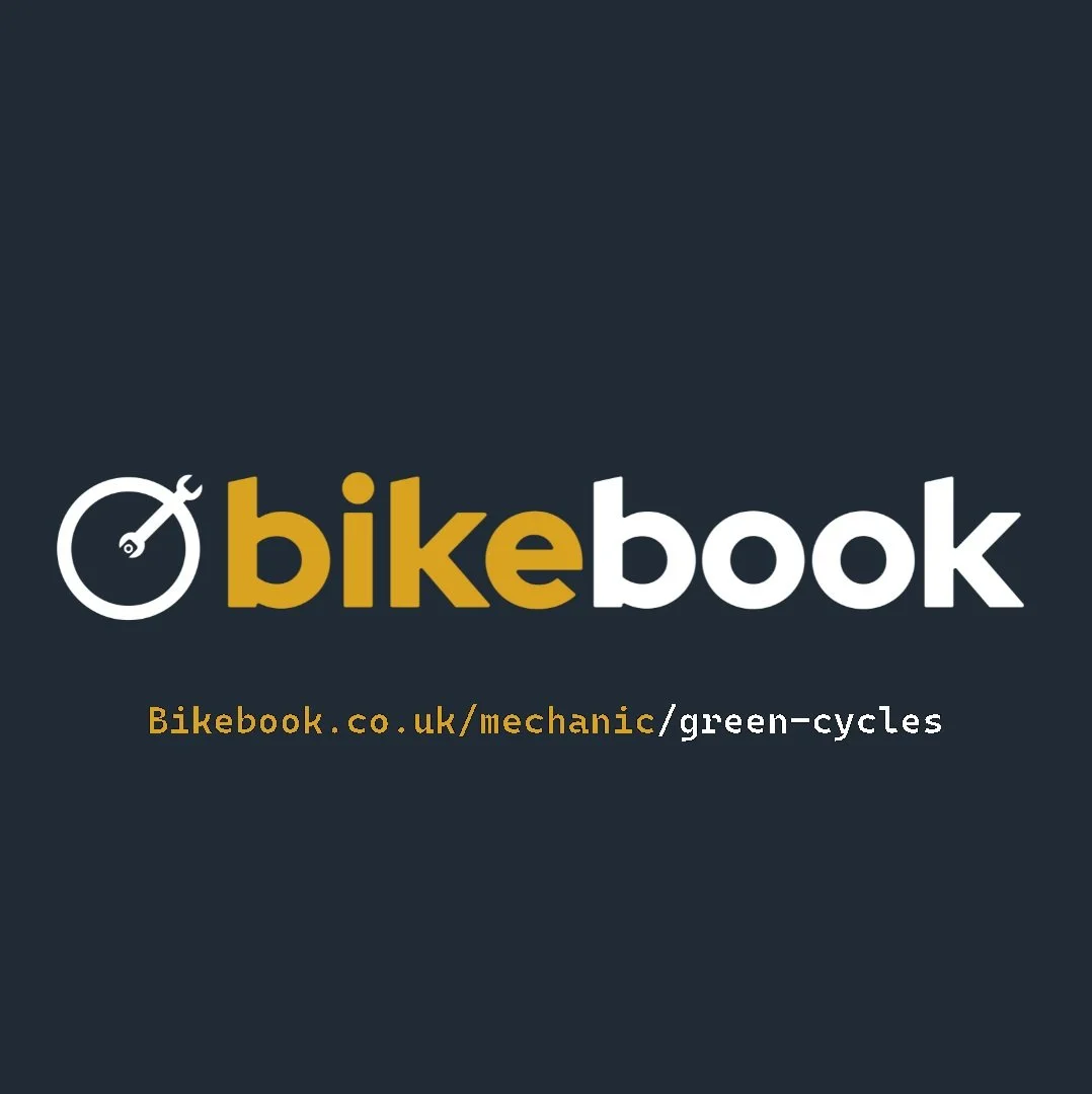 The image features a dark background with the logo and URL for Bikebook, a cycling-related website. The logo includes a stylized white bicycle wheel with a wrench inside it, and the text 'bike' in gold and 'book' in white, with the URL 'Bikebook.co.uk/mechanic/green-cycles' in smaller gold and white text.
