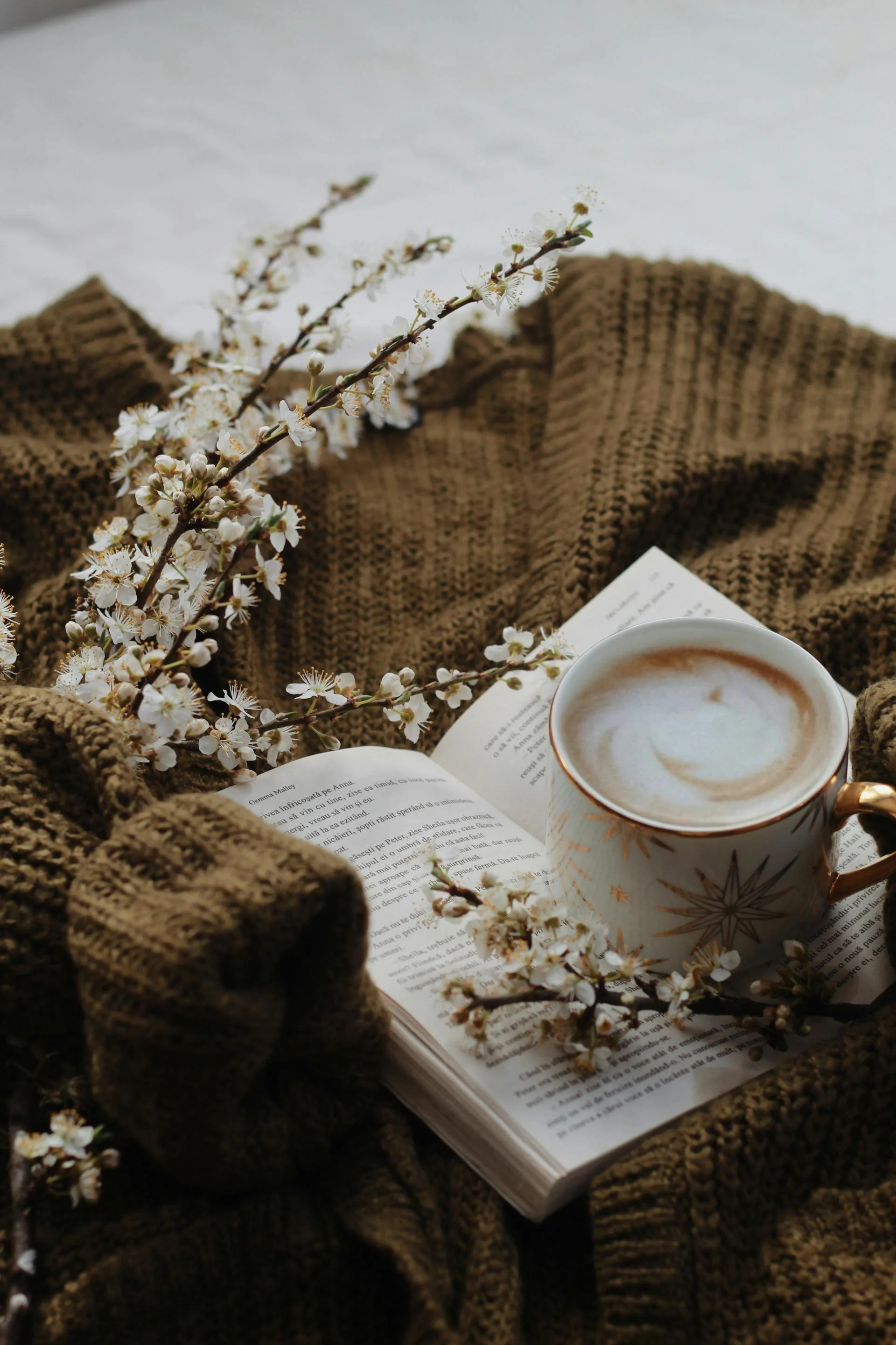 foamy drink with a book, sweater, and flowers.