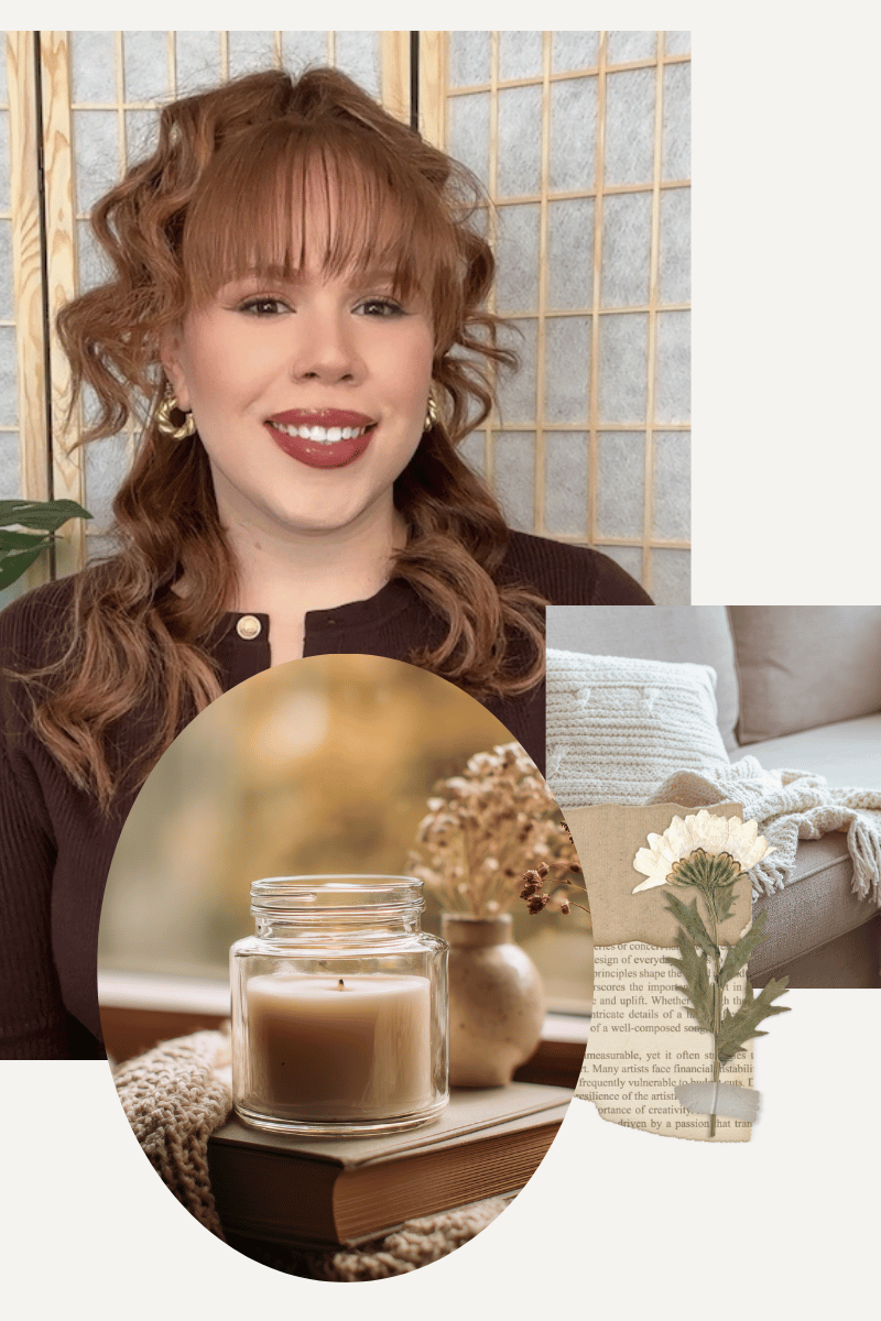 A woman with curly red hair, wearing a dark top and gold earrings, smiling in front of a folding screen, with a cozy interior background.