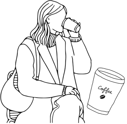 outline drawing of a woman with a shoulder bag and to-go mug.