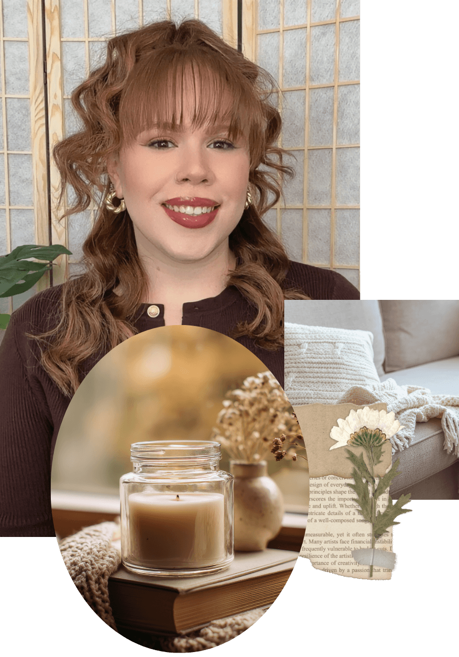 Felishatee Rodriguez with a layered collage of a candle in a glass jar, dried flowers in a vase, and a white flower.