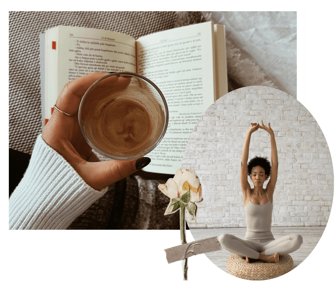A person holding a glass of coffee or tea over an open book and a woman practicing meditation in a seated pose.