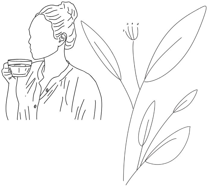 hand drawn outline of a woman with a mug and a flower next to her