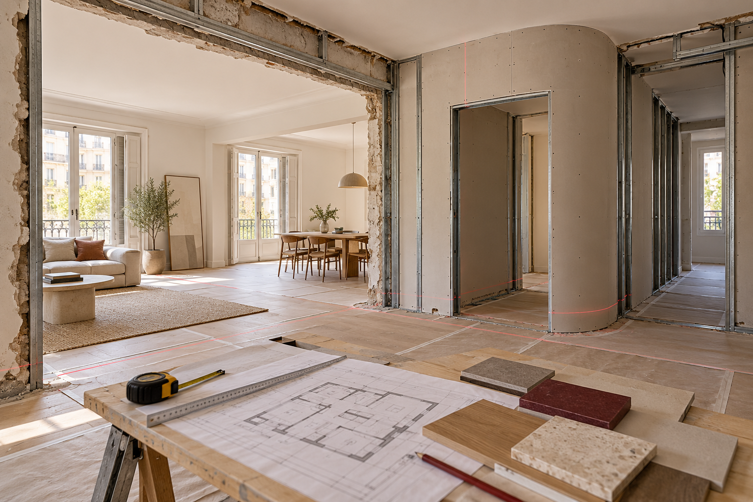 Interior de una casa en construcción con planos y muestras de materiales en primer plano, y una sala y comedor terminados en el fondo.