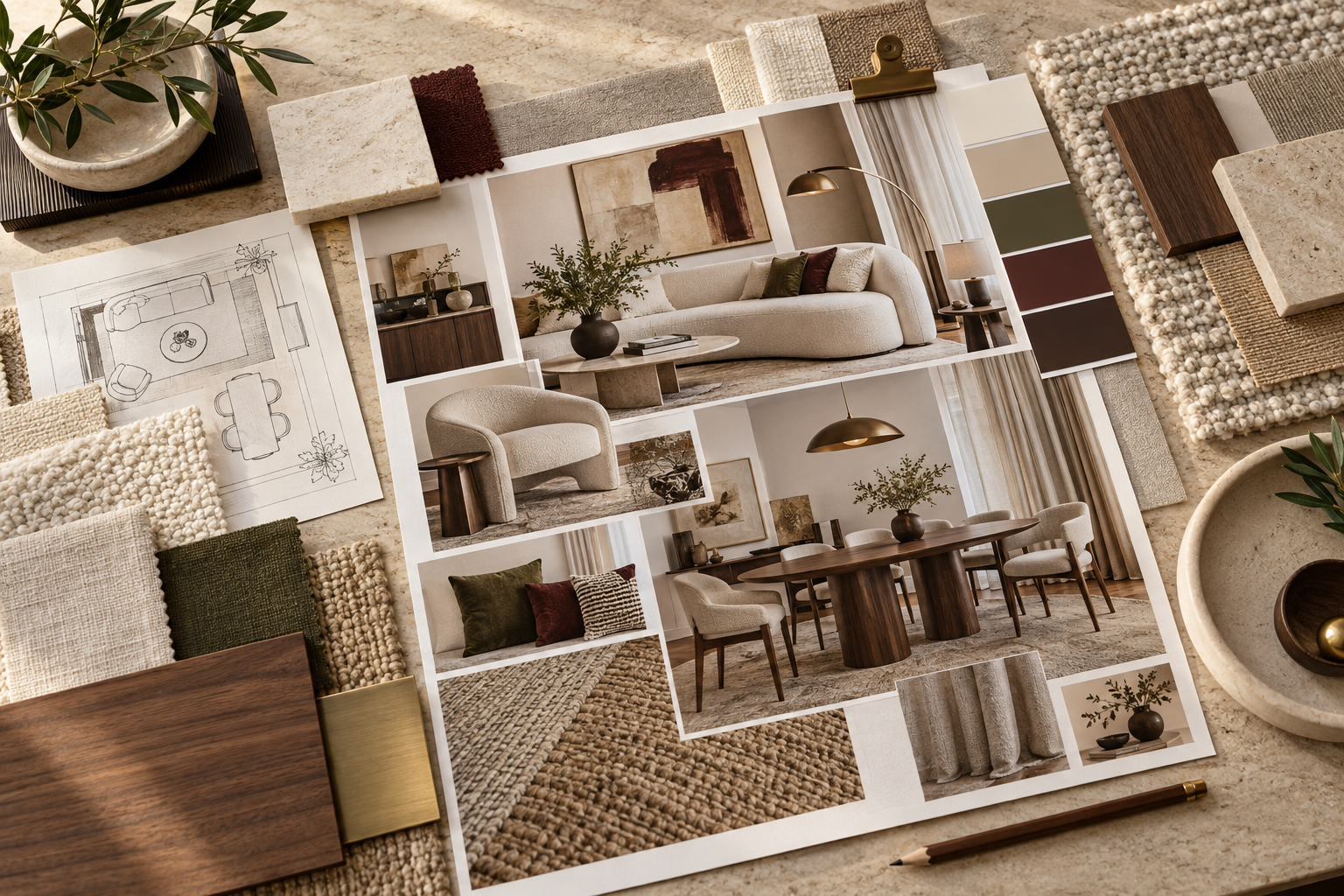 Diseño de interior de una sala y comedor con muebles de madera, cojines y plantas decorativas, en tonos neutros y cálidos.