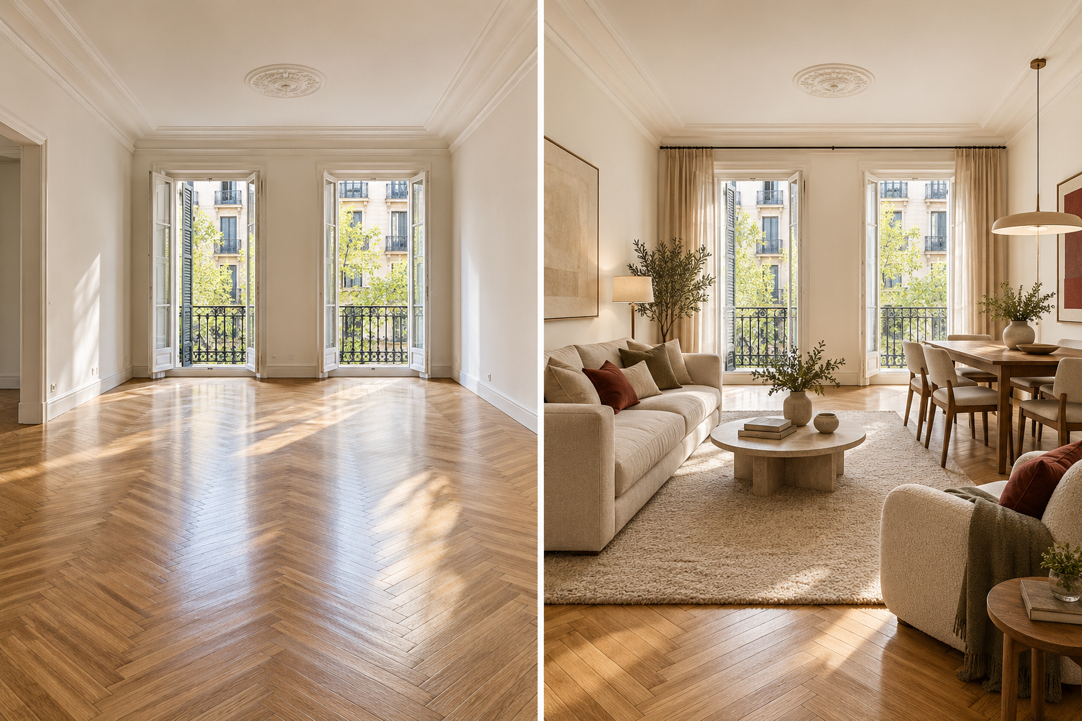 Salón vacío con paredes blancas, pisos de madera y ventanas con vista a un edificio con balcones y árboles.