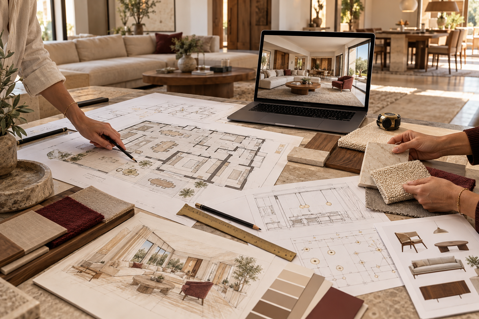 Diseñadores de interiores trabajando en planos y muestras de materiales en una sala luminosa y moderna.