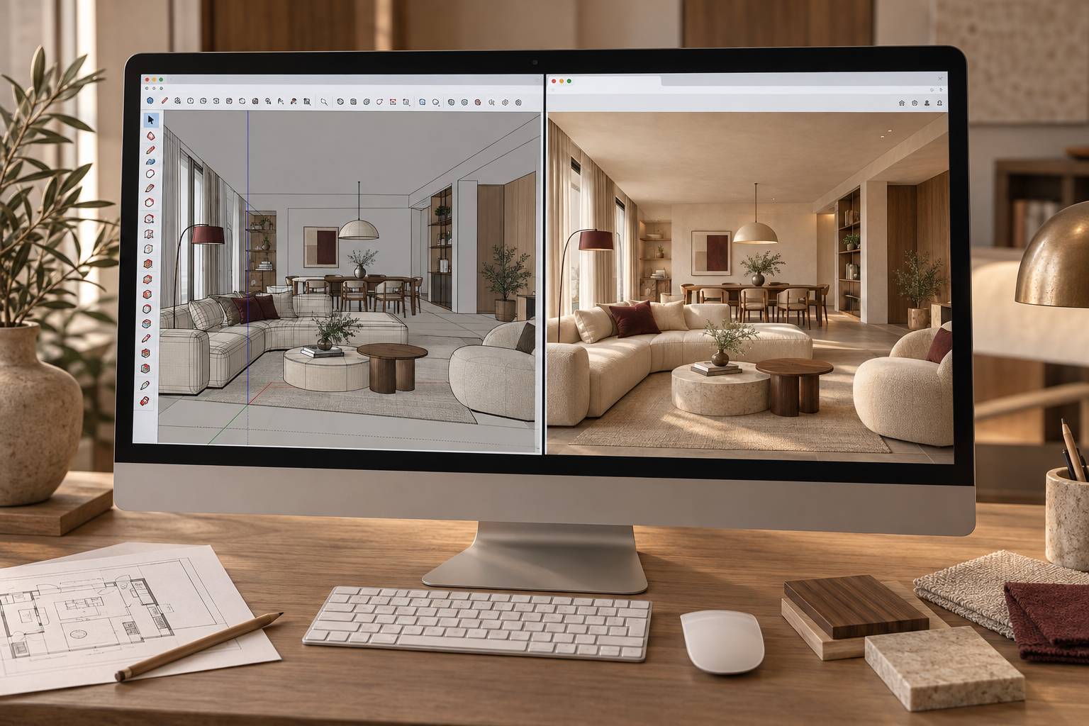 Pantalla de computadora mostrando un diseño de interiores de una sala y comedor con muebles beige y decoración moderna, comparando un boceto a la imagen final.