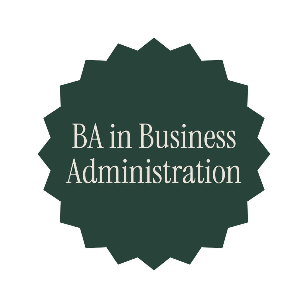 Badge with scalloped edge containing the text 'BA in Business Administration'.