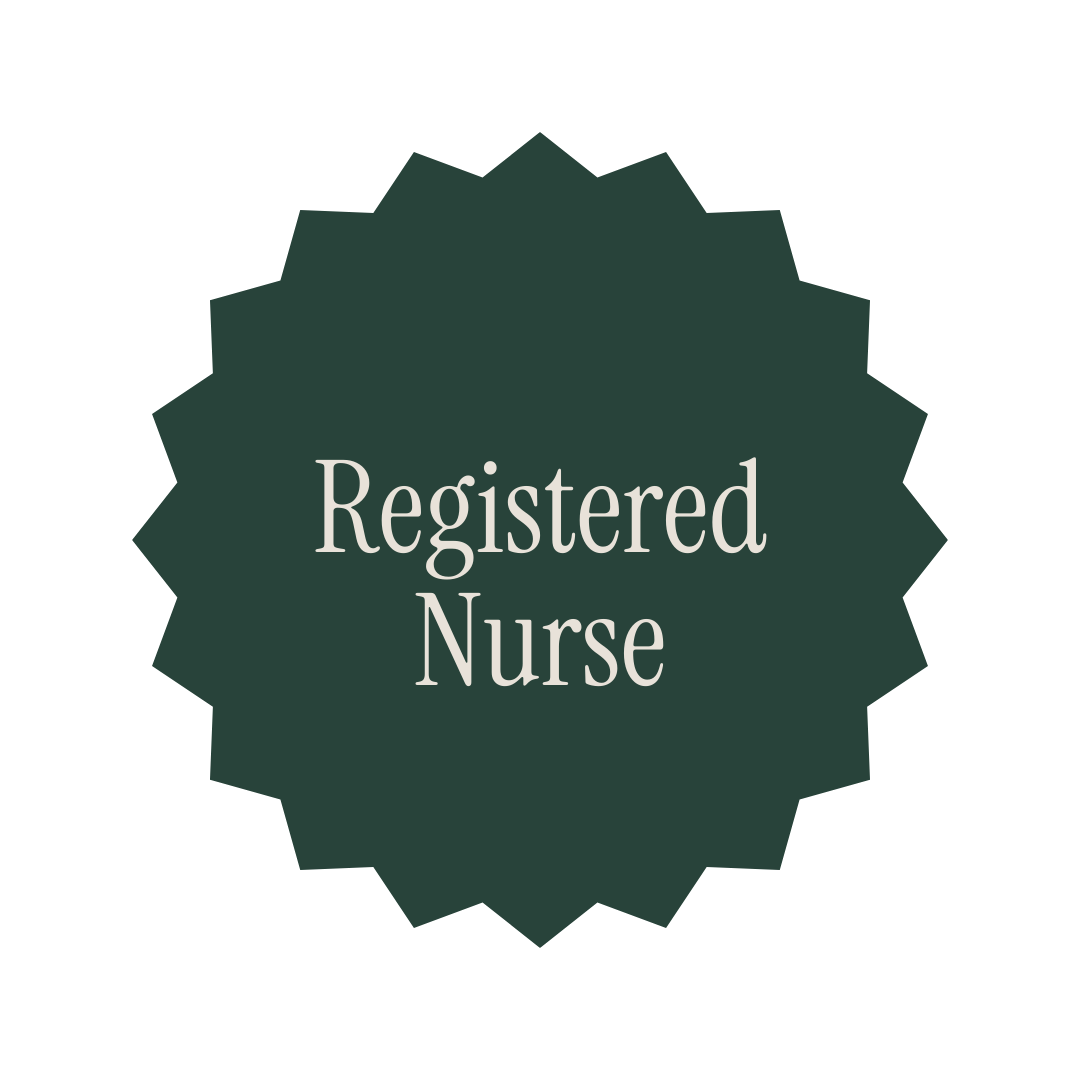 Badge with scalloped edges reading "Registered Nurse" in white text on a dark green background.