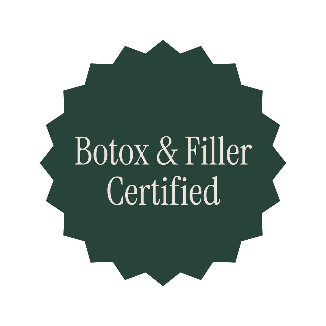 Black badge with a starburst shape and gray text that reads "Botox & Filler Certified".