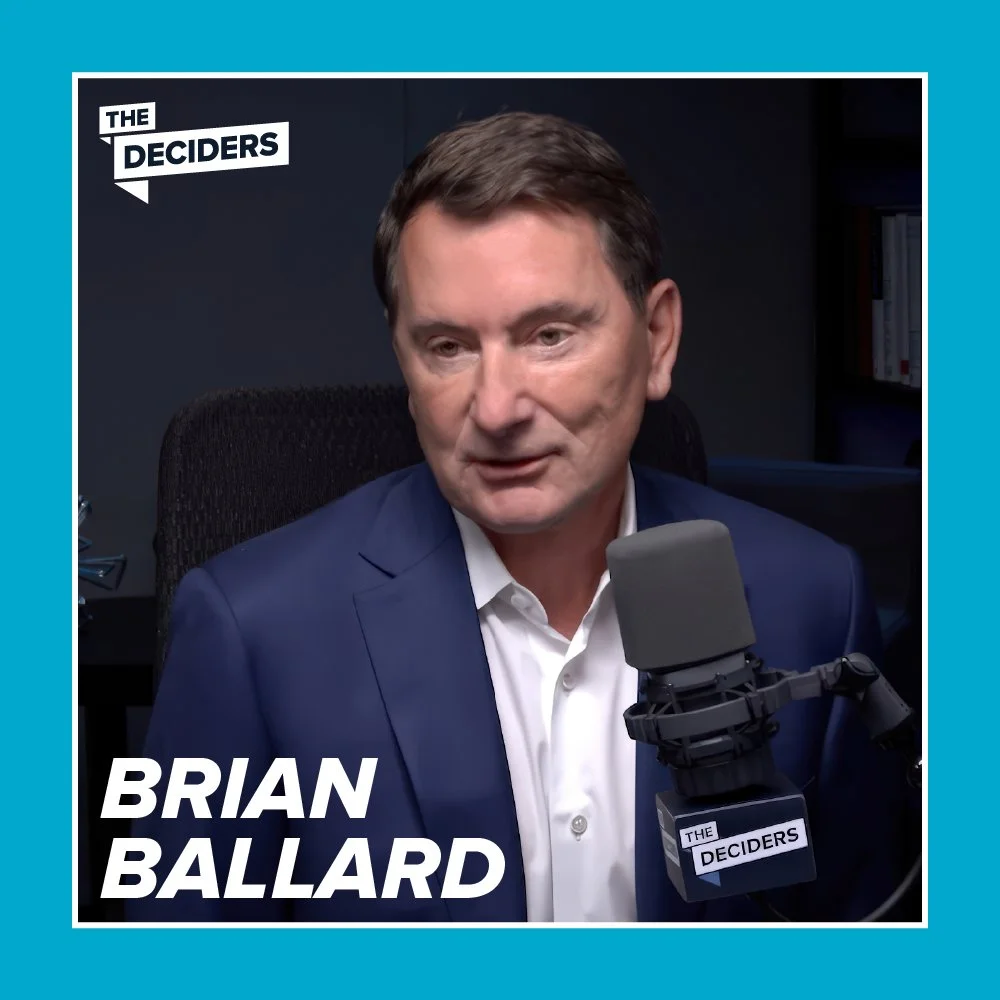 A man in a blue suit speaking into a microphone during an interview, with text "BRIAN BALLARD" on the image and a logo "THE DECIDERS" in the upper left corner.