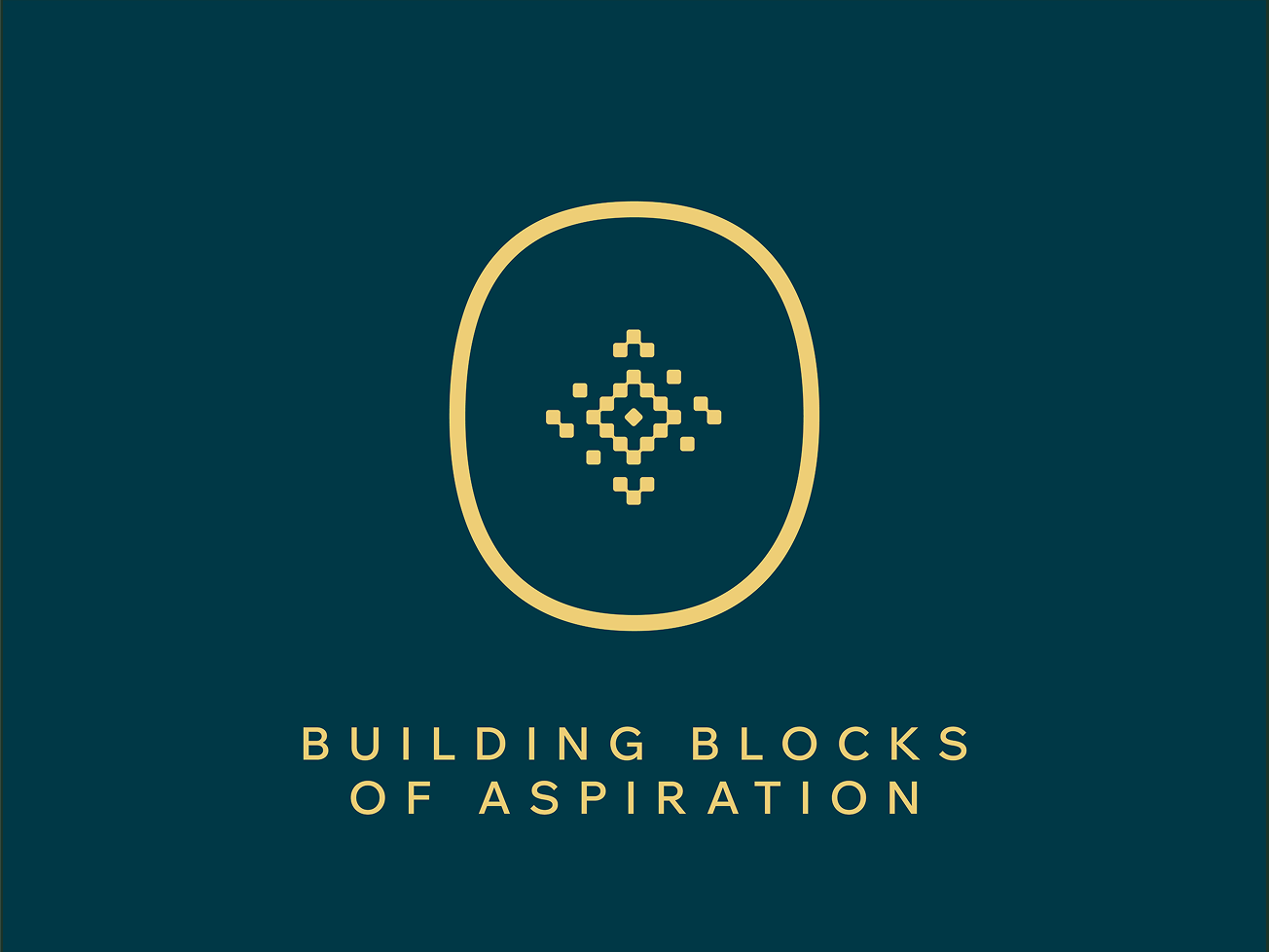 Cover with a dark teal background, gold geometric logo resembling a pixel art diamond shape inside an oval, and gold text reading 'Building Blocks of Aspiration'.