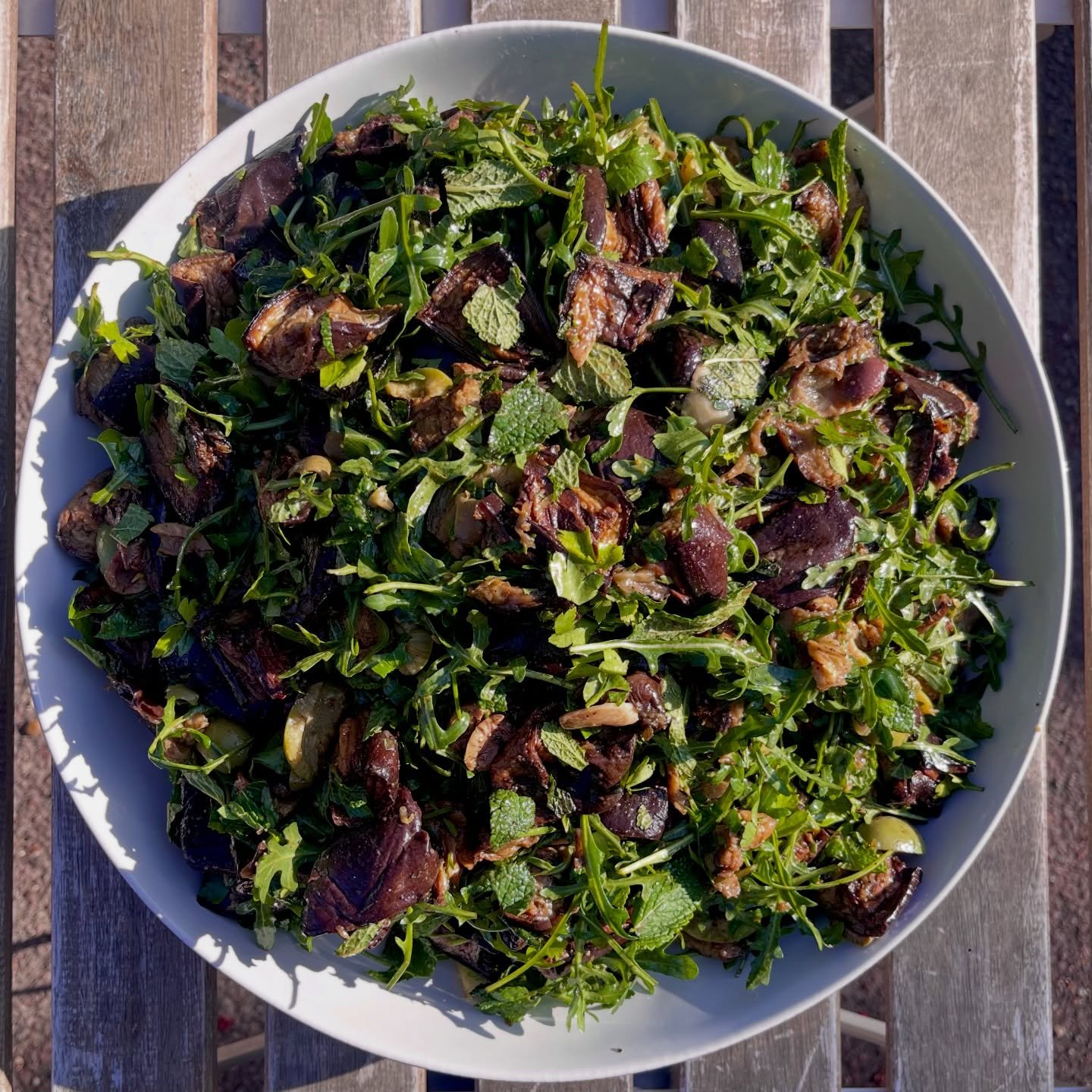Roasted aubergine dressed with lemon and garlic, layered with plenty of soft herbs and finished with olives.

Last chance for this one &mdash; it&rsquo;s Saturday, and once it&rsquo;s gone, it&rsquo;s gone.