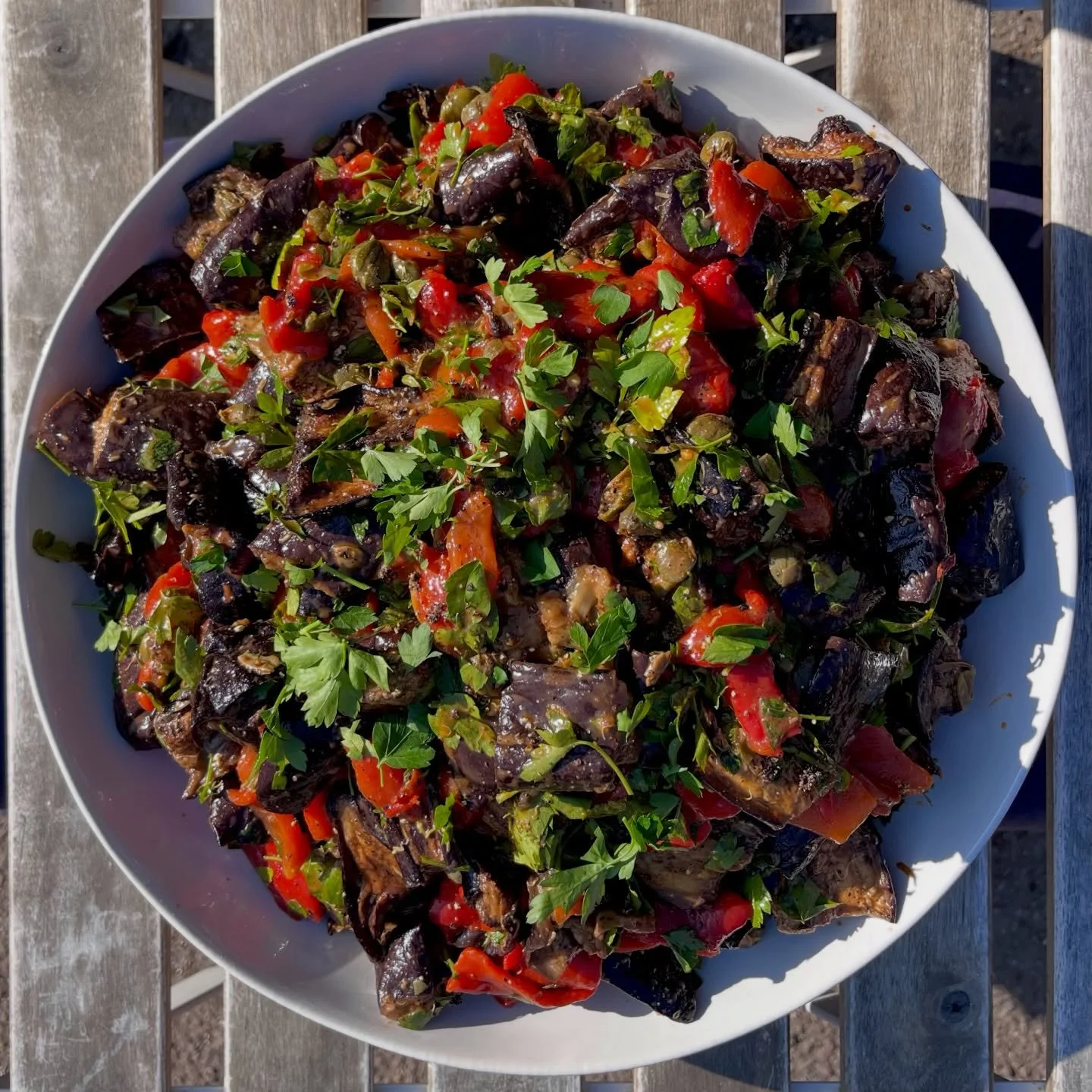 Slow Roasted Aubergine with Sweet Peppers. Capers &amp; Herbs ✨