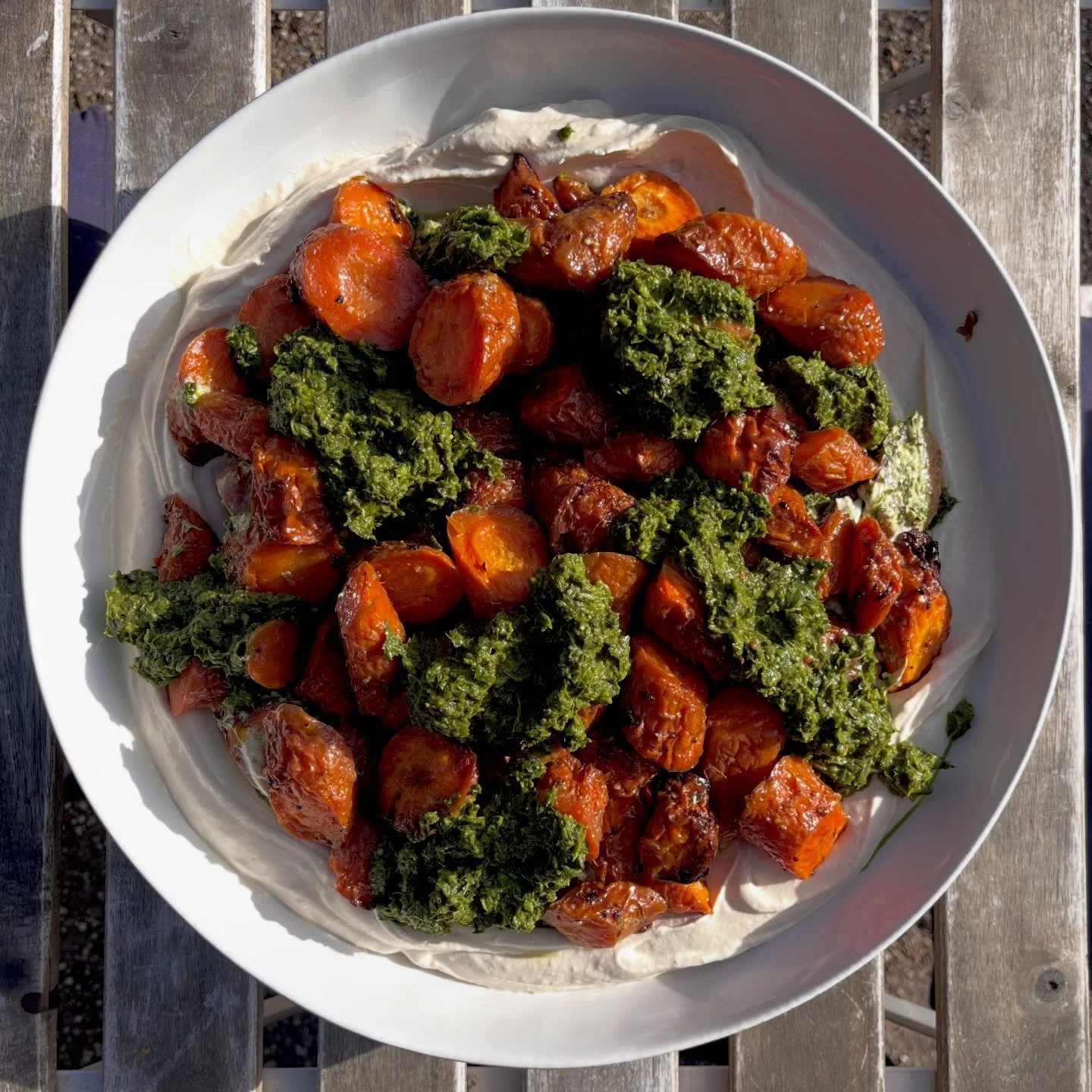 This dish was served on the first week of opening and will probably come back time and time again, I just love it&hellip;
This version has used some local wild garlic which is thriving right now.
Roasted Carrots on Whipped Tahini with a Wild Garlic G