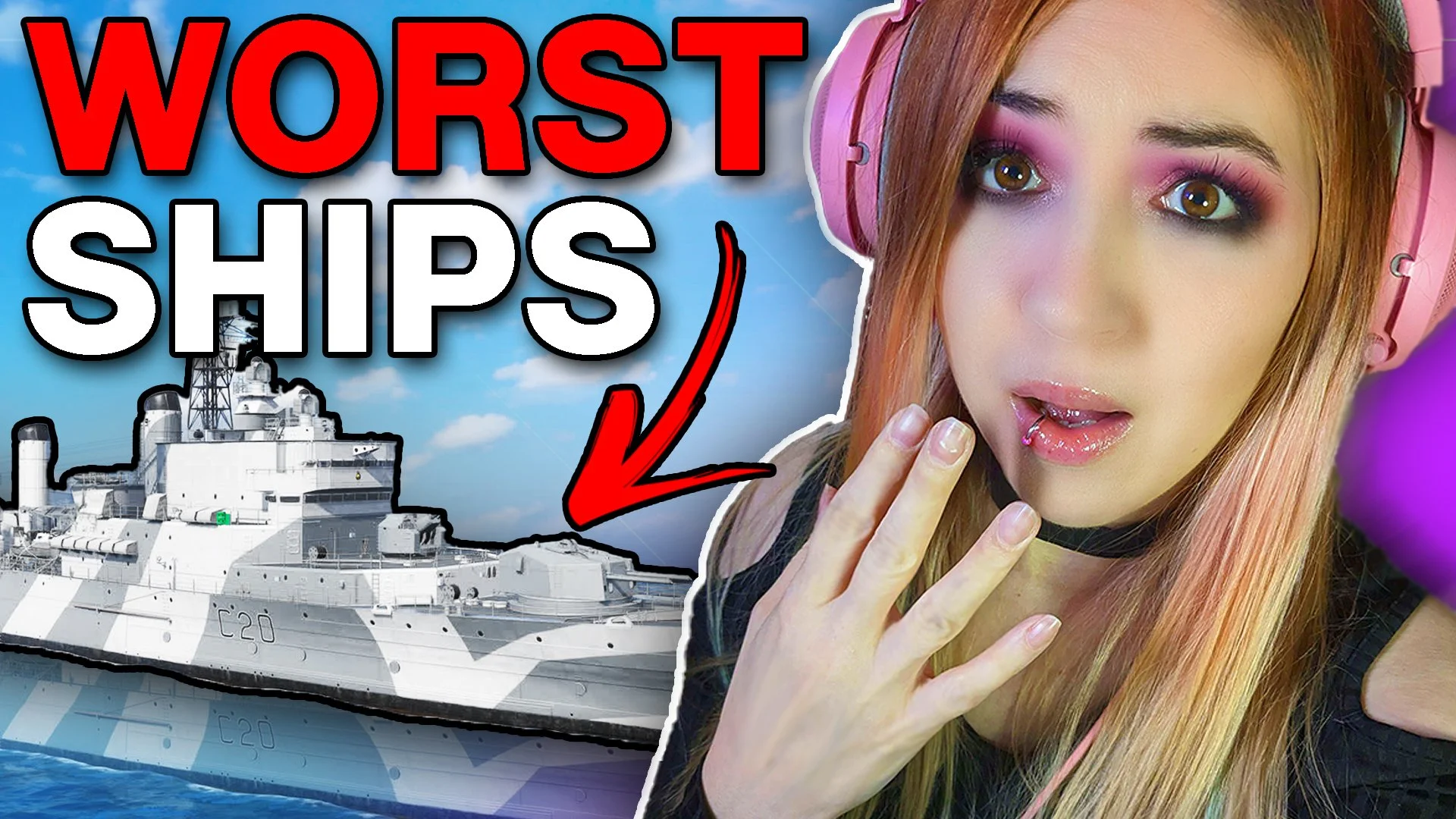 Thumbnail image for a video about the worst ships, featuring a large warship and a surprised young woman with pink headphones.