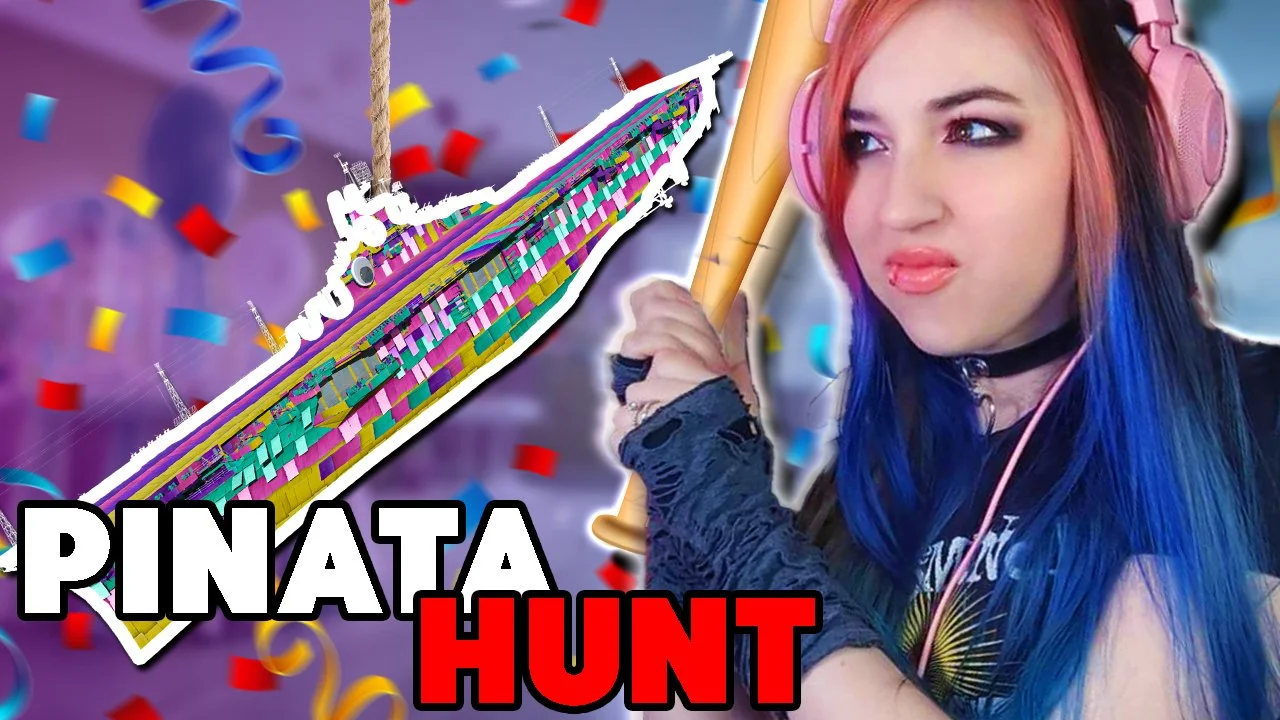 A woman with blue and pink hair wearing pink headphones holding a bat, with a colorful piñata shaped like a ship and confetti in the background. Text overlay says "Piñata Hunt."