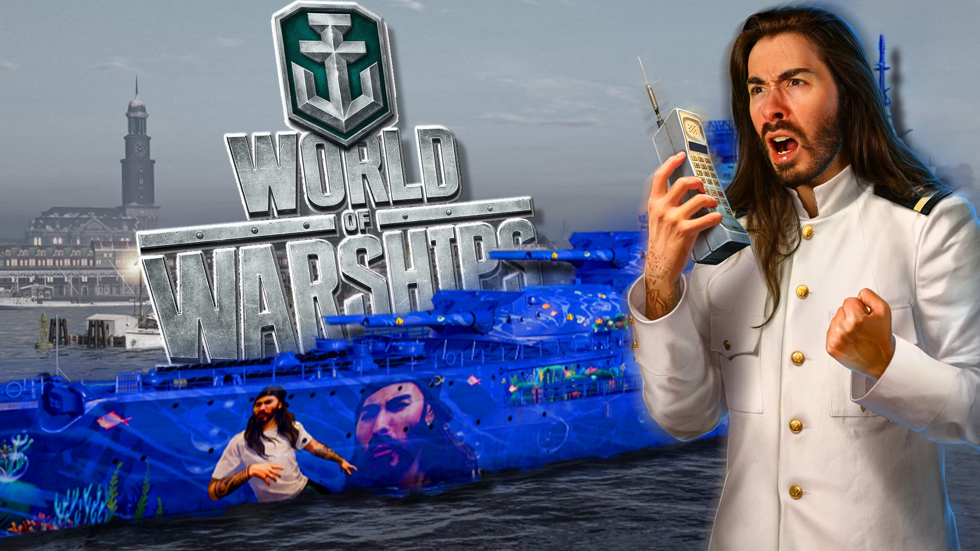 A person with long hair, white military-style jacket, and tattoos, holding a vintage walkie-talkie, appears to be shouting. Behind them, there's a large warship with the logo and text for 'World of Warships', with a cityscape and waterfront in the background.