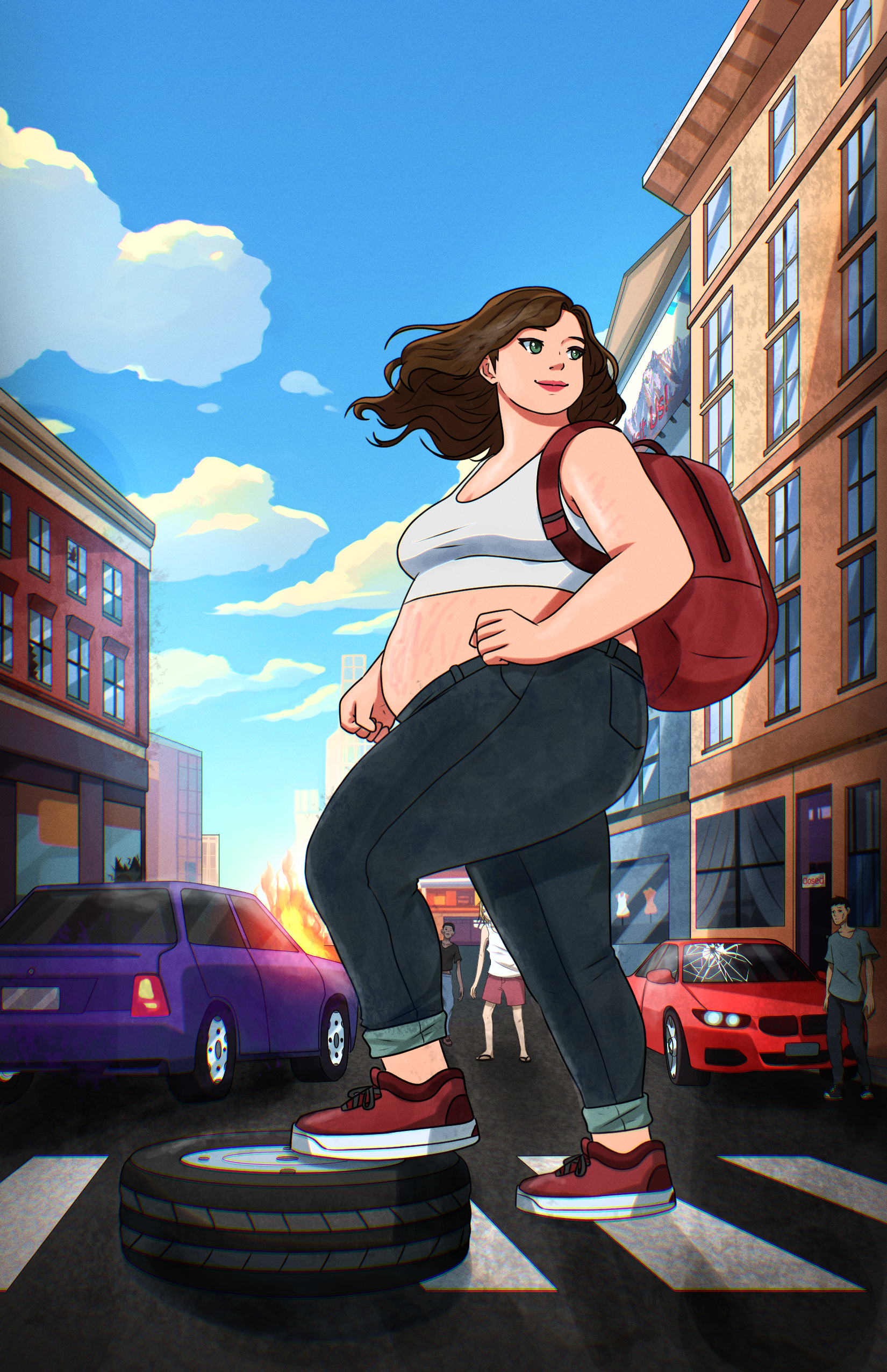 A fat animated woman standing on a car tire in the middle of a city street, with buildings, cars, and people around, under a blue sky with clouds.