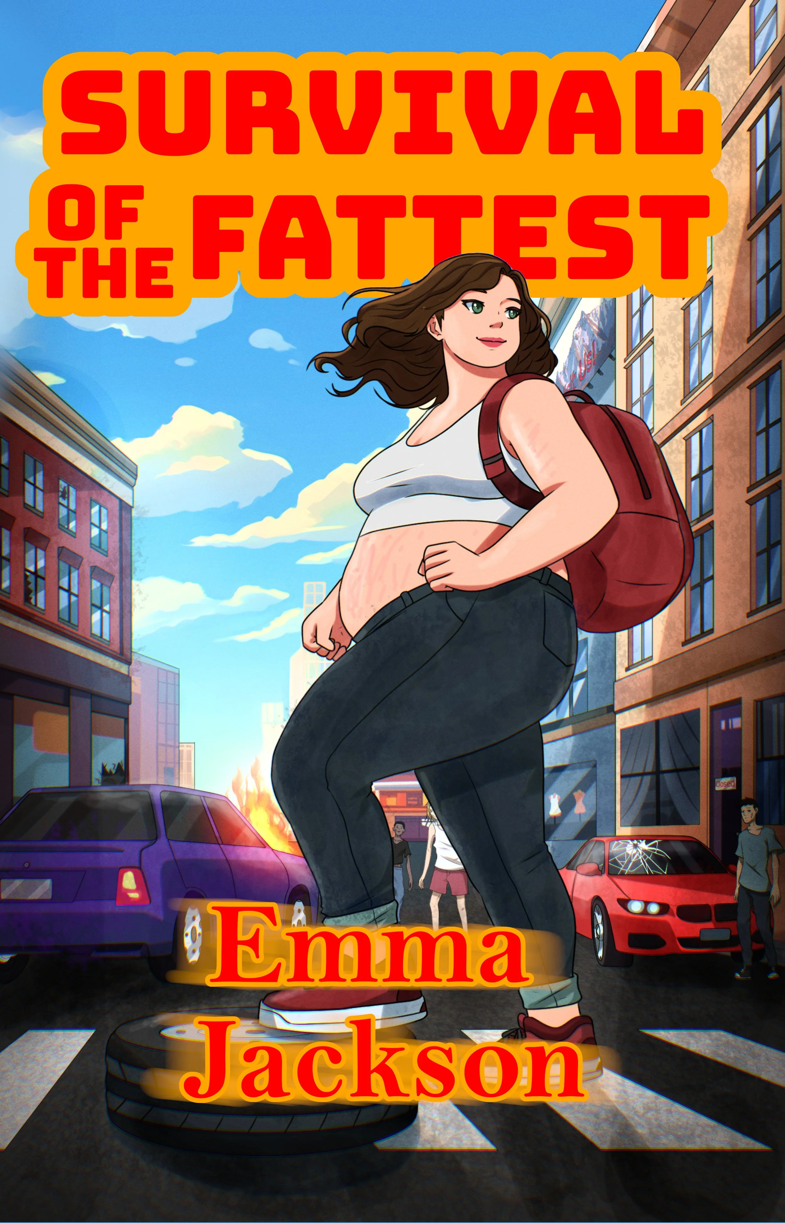 Cover illustration for a book titled "Survival of the Fattest" by Emma Jackson. Features a confident young woman with long brown hair, wearing a white crop top, black jeans, and red sneakers, standing on a tire on a city street. Behind her are damaged cars and city buildings, with a blue sky and clouds overhead.