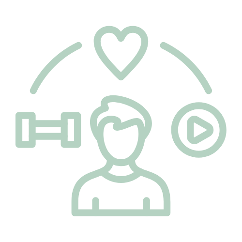 Icon of a person with a heart above their head, a dumbbell on the left, and a play button on the right, with a curved line connecting them.