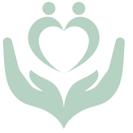 Illustration of two hands holding a heart-shaped figure with two small circles above it, representing care and compassion.