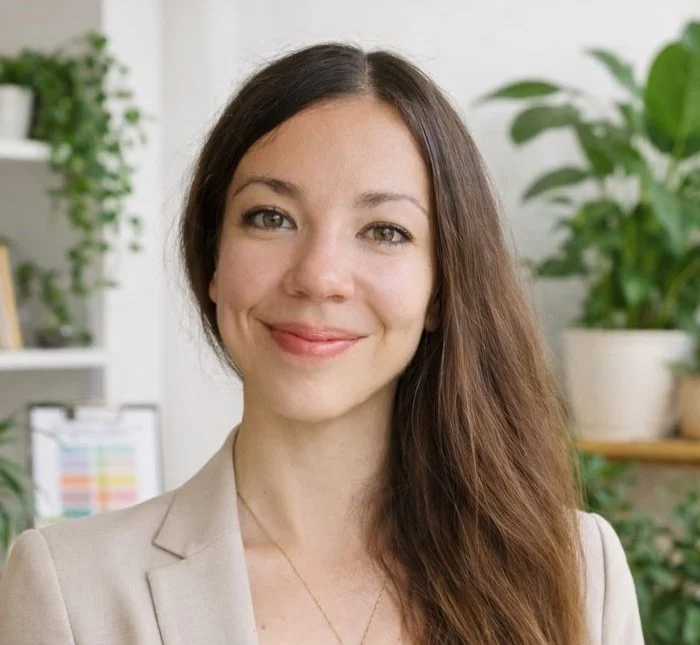 Young woman with long brown hair, smiling, indoors with houseplants in the background.