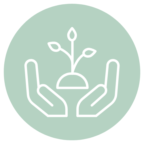 Outline of hands holding a small plant with three leaves inside a green circle.