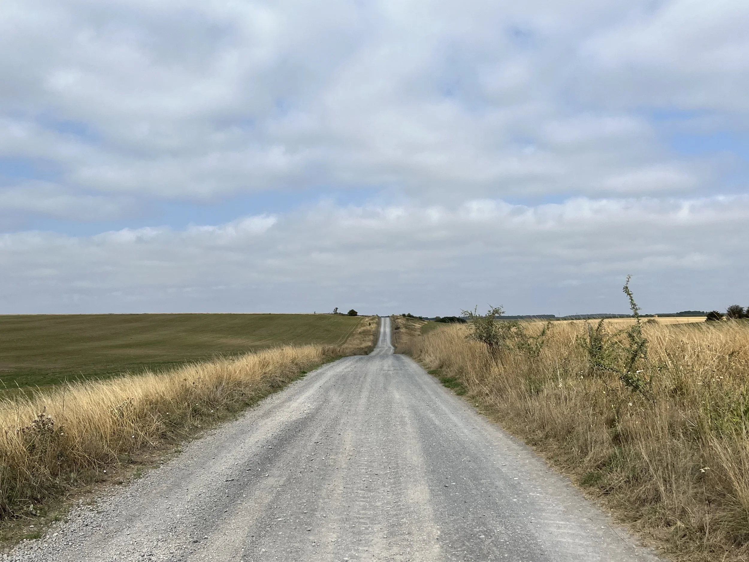 A rural gravel road stretching into the horizon with fields on both sides under a partly cloudy sky.