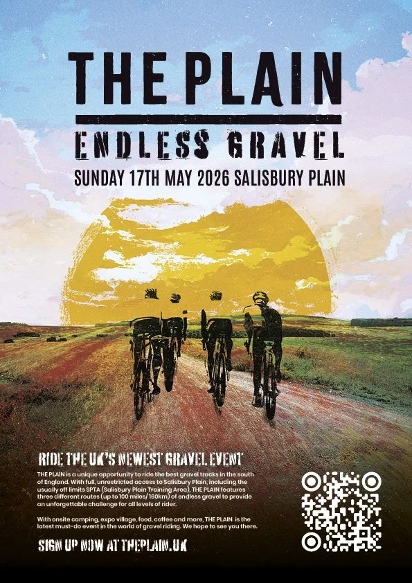 Event poster for 'The Plain: Endless Gravel,' a gravel cycling event on Sunday, May 17, 2026, at Salisbury Plain in England. Features silhouette of cyclists and a large yellow sun or moon.