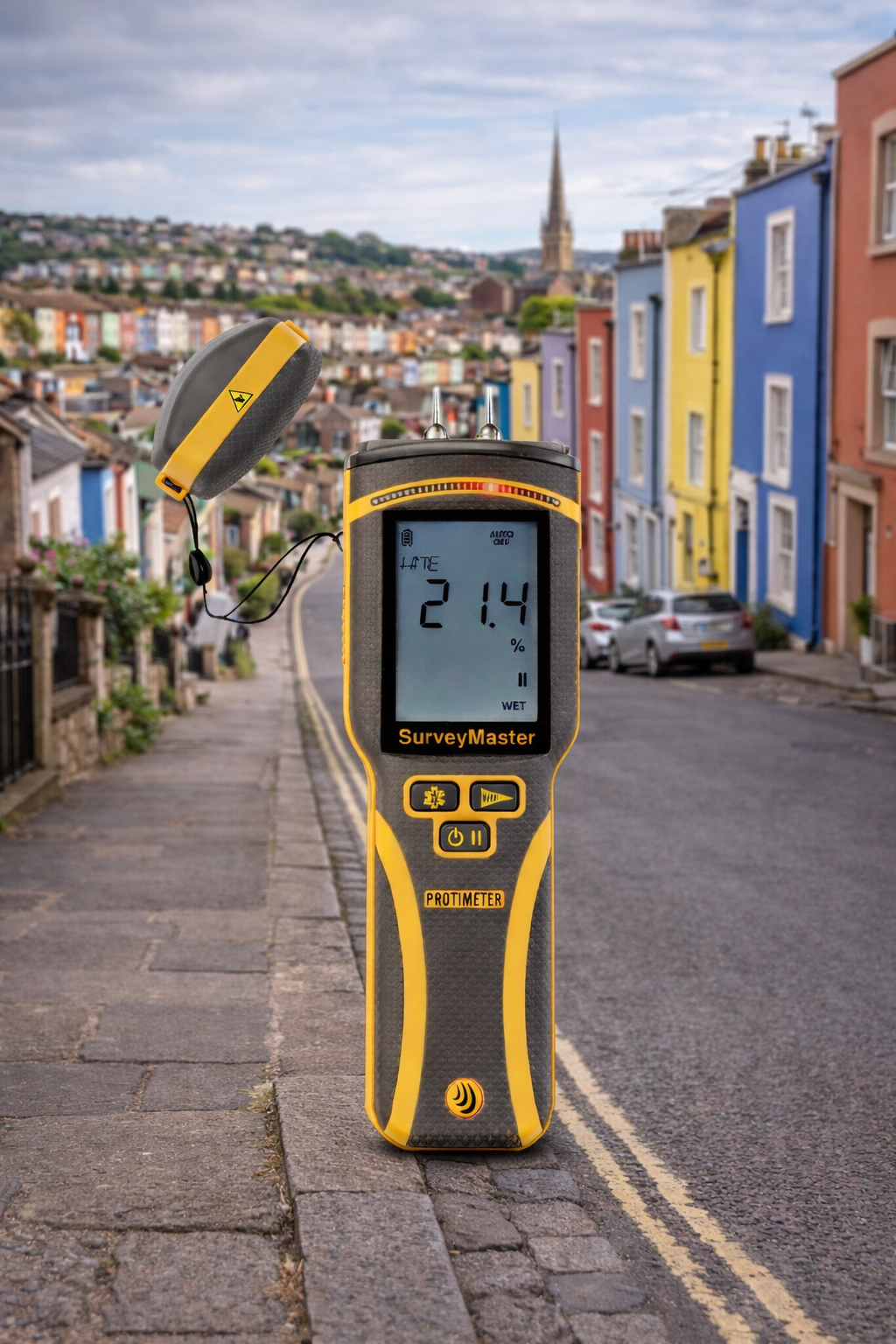 A digital moisture meter showing a reading of 21.4%, placed on an urban street with colorful houses and a church steeple in the background.