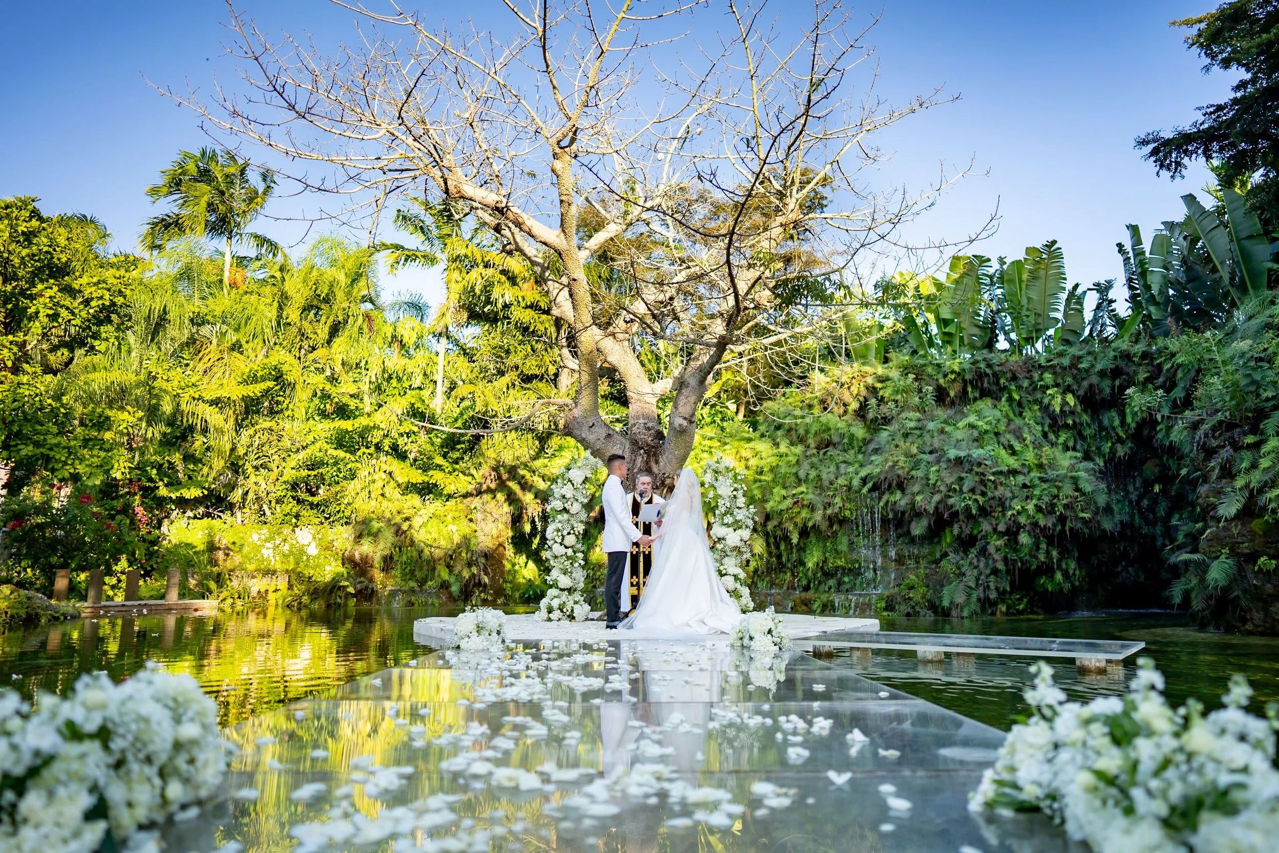 A couple getting married outdoors by a large tree, with a minister officiating, surrounded by lush green plants and white flowers, during daytime.