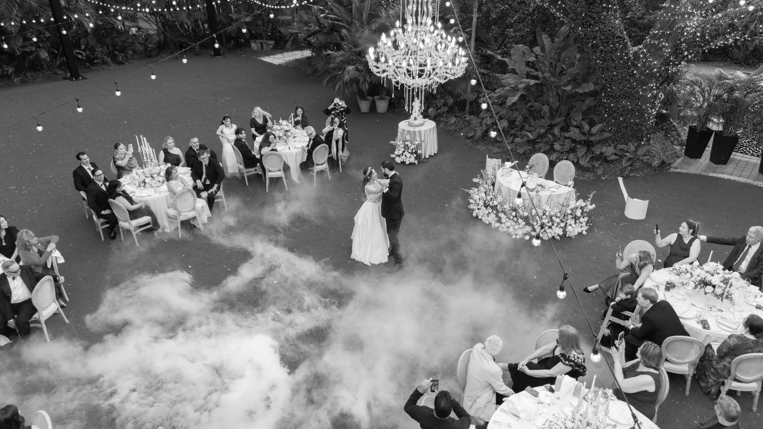 High-angle view of a luxury wedding reception at Villa Woodbine; fine art event photography by Star Visual Art, Miami.
