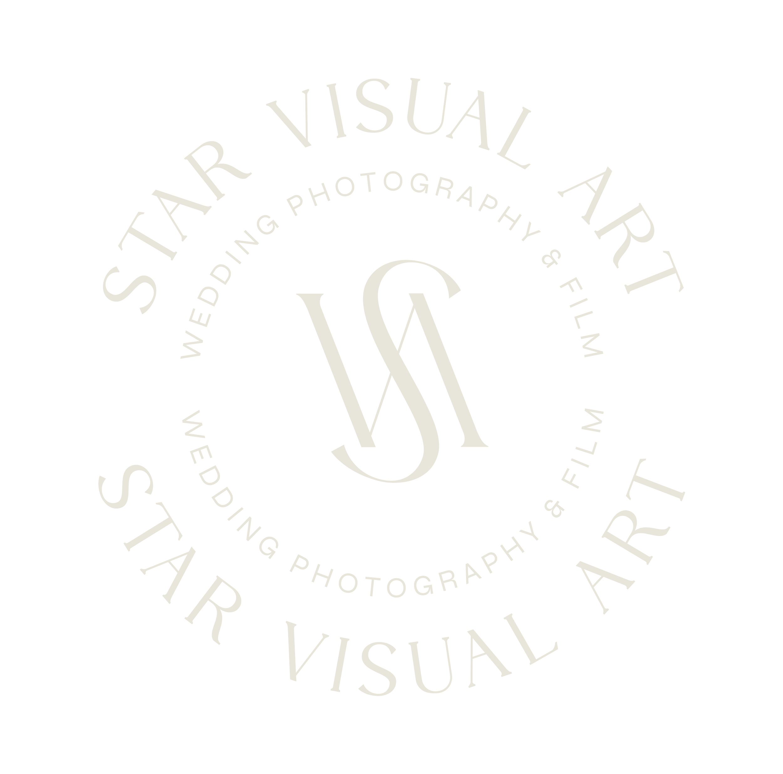 Logo for Star Visual Art, wedding photography and film, featuring an intertwined 'S' and 'V' in the center with a circular text border.