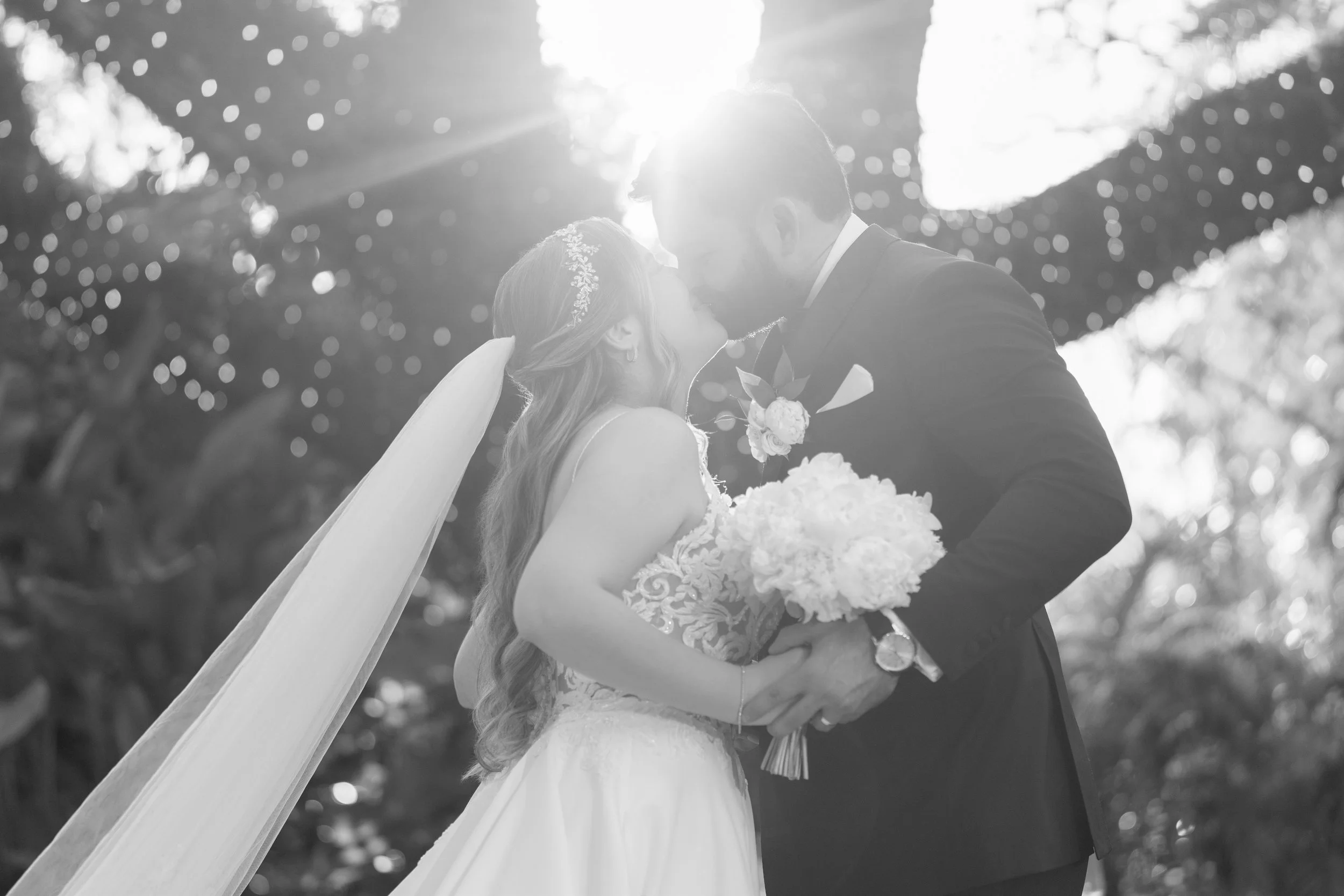 Dreamy wedding couple kiss with natural lens flare under the Banyan tree; fine art photography by Star Visual Art, Miami.