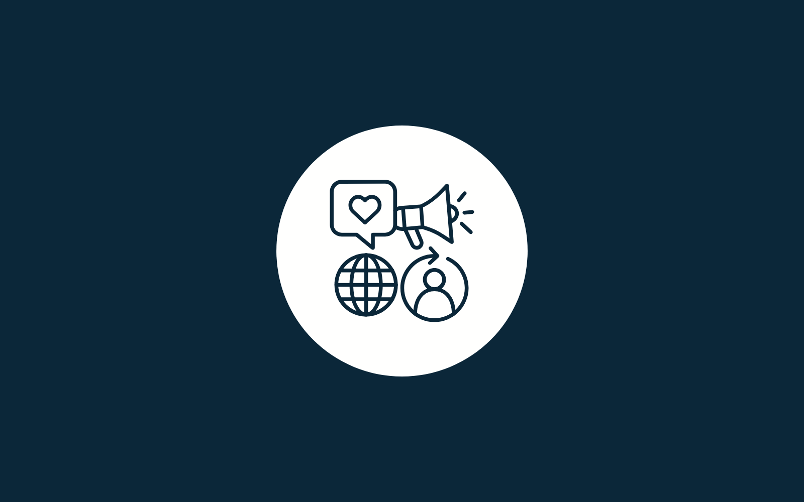 Dark blue graphic with white globe, user‑interaction symbol and megaphone with heart symbolising Marketing & Communication.