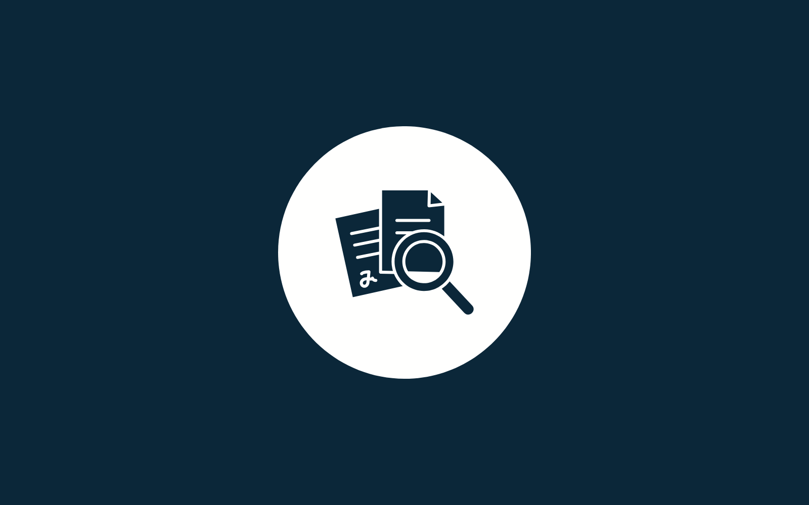 Dark blue graphic with white documents and magnifying‑glass icon symbolising Consulting & Research.