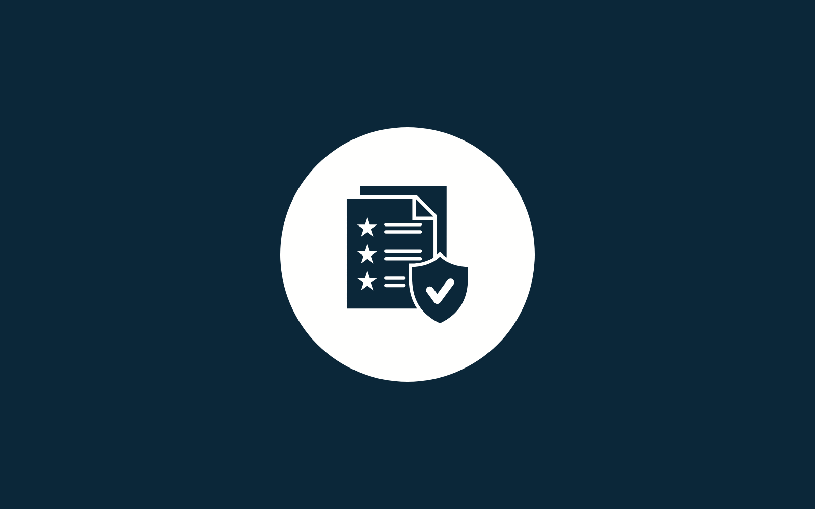 Dark blue graphic with white document, stars and shield checkmark icon symbolising Regulatory & Compliance.