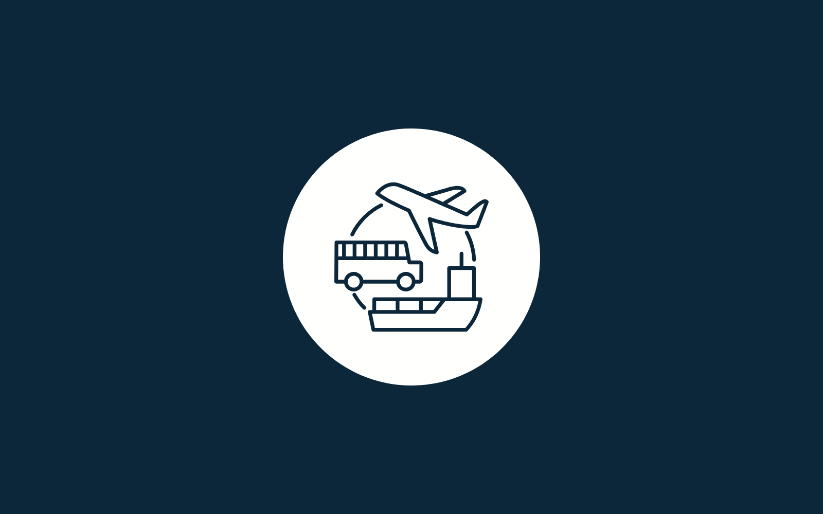 Dark blue graphic with white icons of airplane, truck and ship connected by a curved line symbolising Freight & Logistics.
