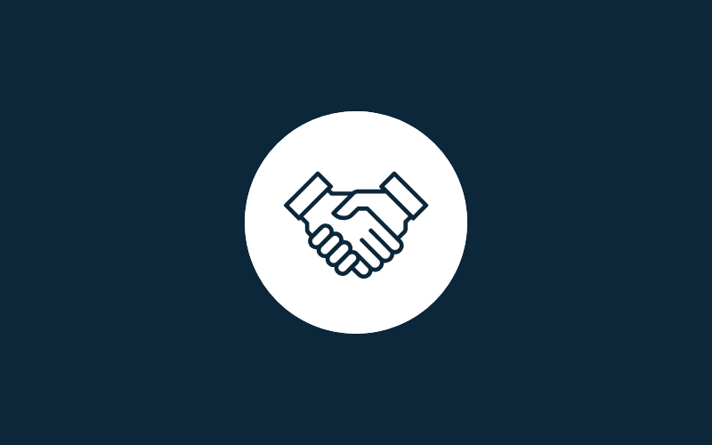 Dark blue graphic with white handshake icon symbolising Sales & Customer Service.