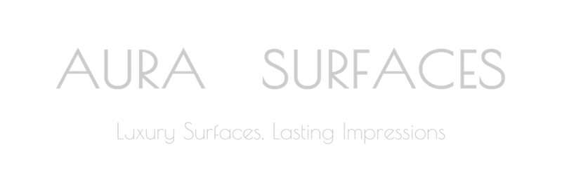 Text reading "AURA I SURFACES" with the tagline "Luxury Surfaces, Lasting Impressions" on a black background.