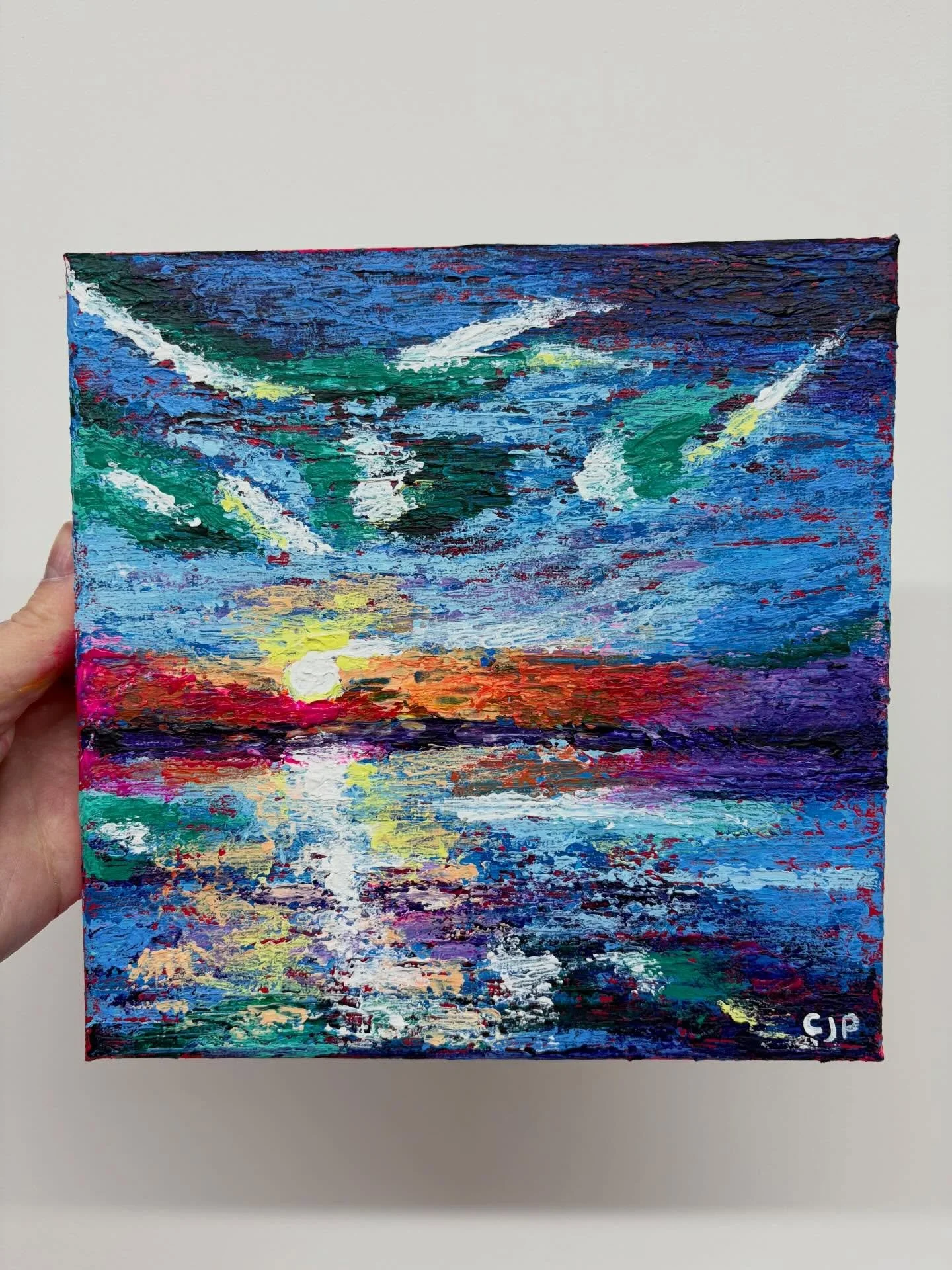 So nice to be back in the studio today- I&rsquo;ve been working on this tiny piece to get back in the swing of it- really enjoying the colour palette! 

Have a great day! 🙌🏻

#wiltshireart #bathartist #sunsetart #artforyourwalls #oceanart