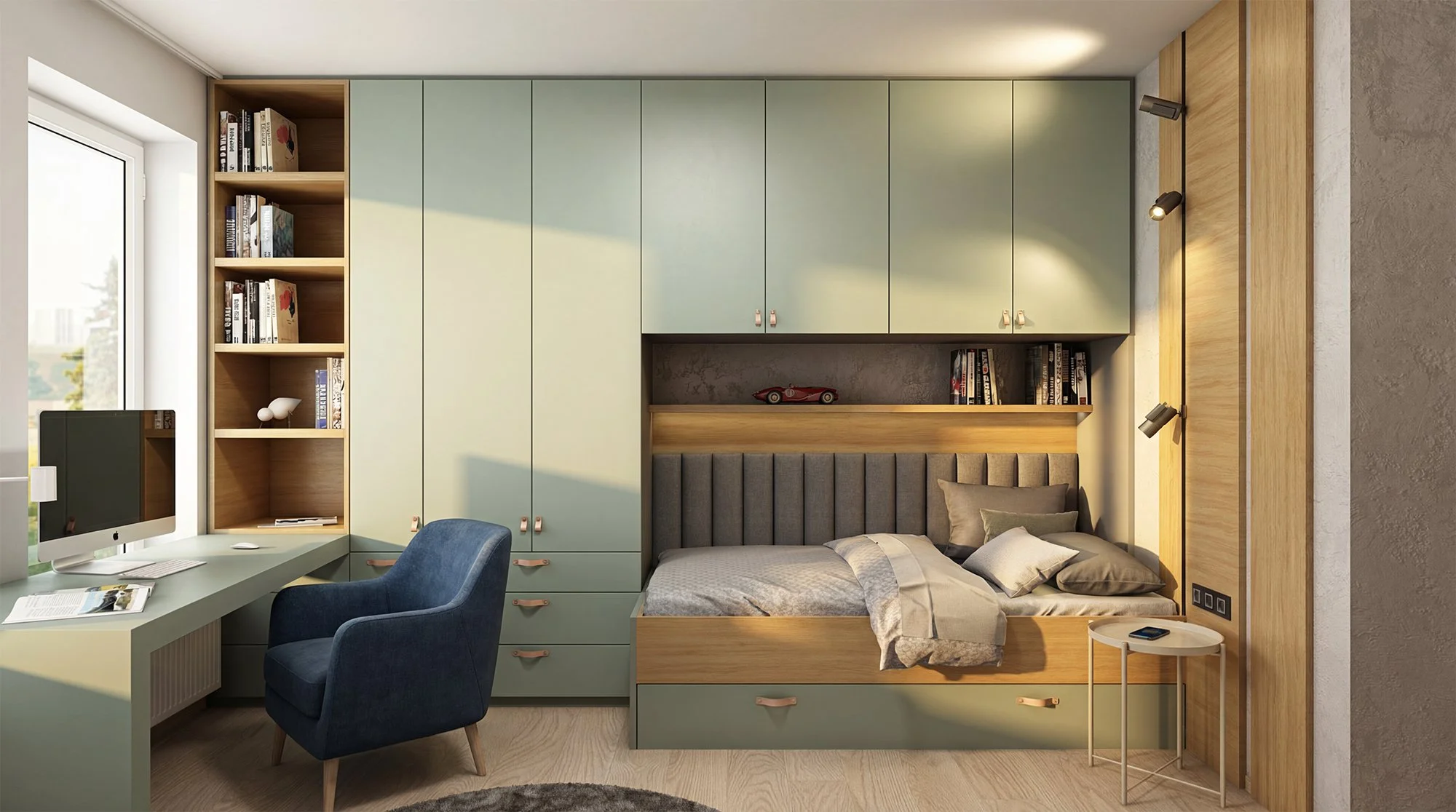 Stanza con letto, scrivania con computer, libreria e armadi, arredamento moderno in toni verdi e legno, luce naturale dalla finestra.