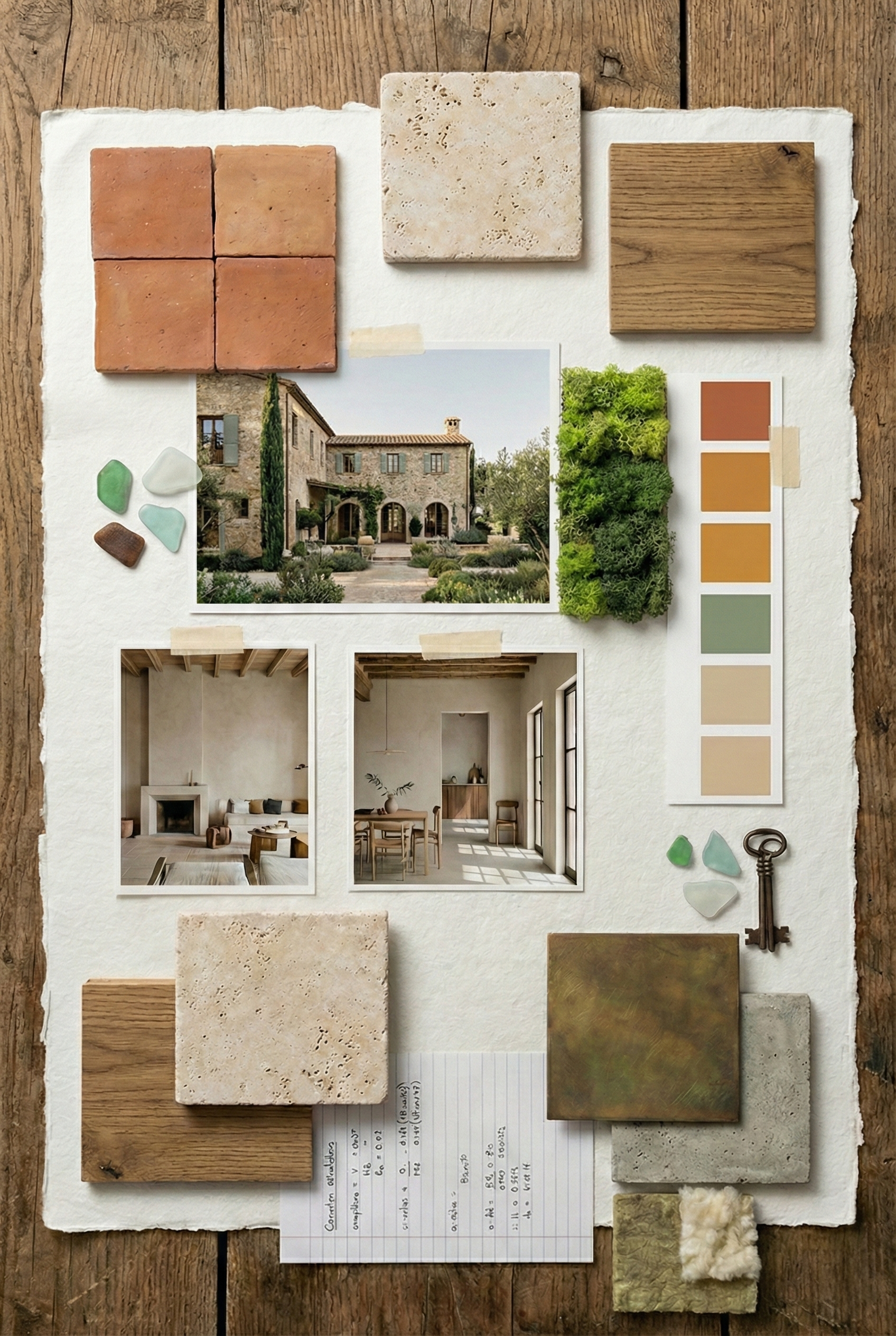 Moodboard di progettazione di interni con campioni di materiali, fotografie di un edificio e un interno, e una palette di colori.