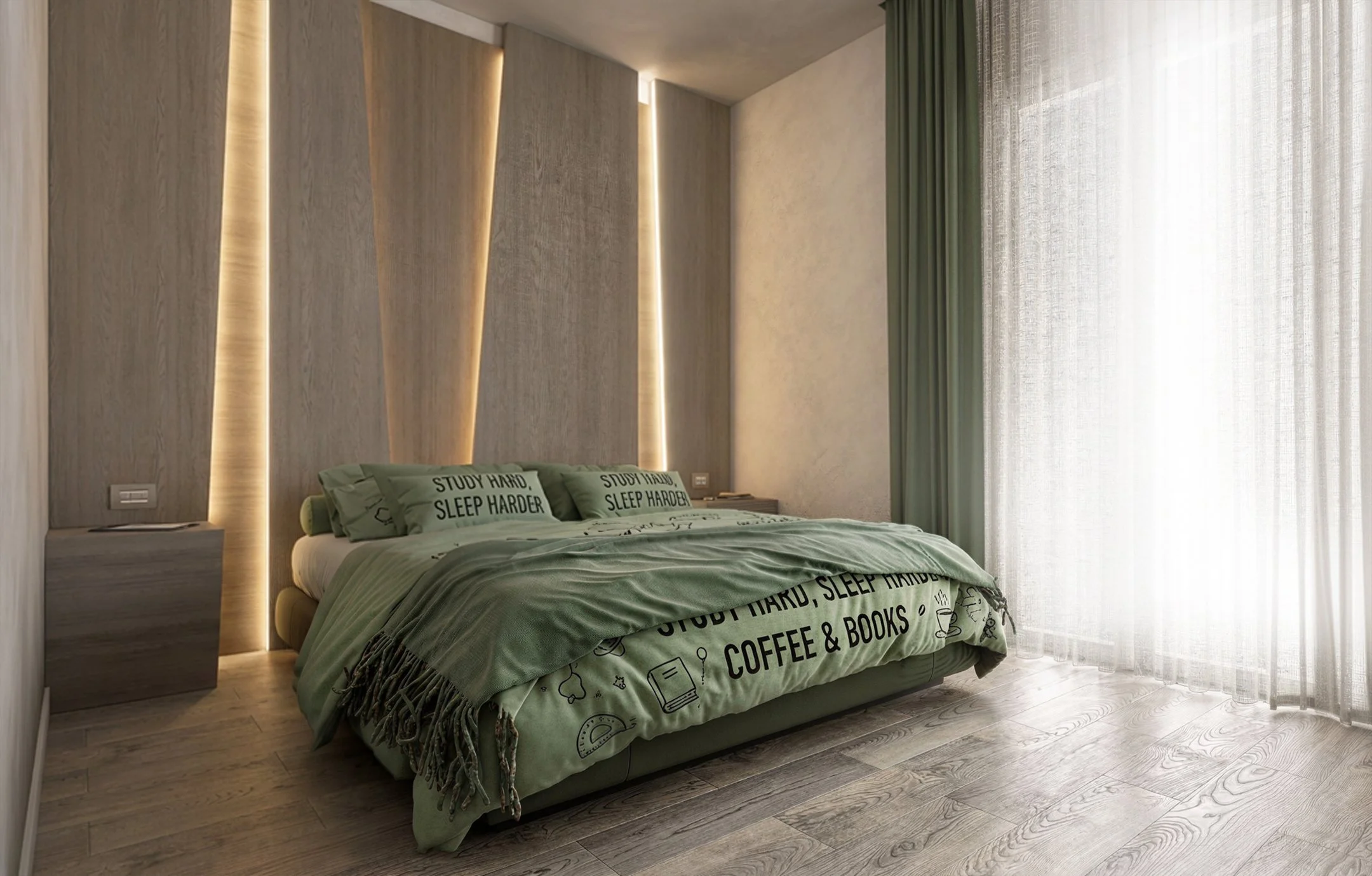 Camera da letto moderna con pareti in legno e illuminazione soffusa, letto con biancheria verde con scritte sul copriletto, tende trasparenti e verdi davanti a grandi finestre.