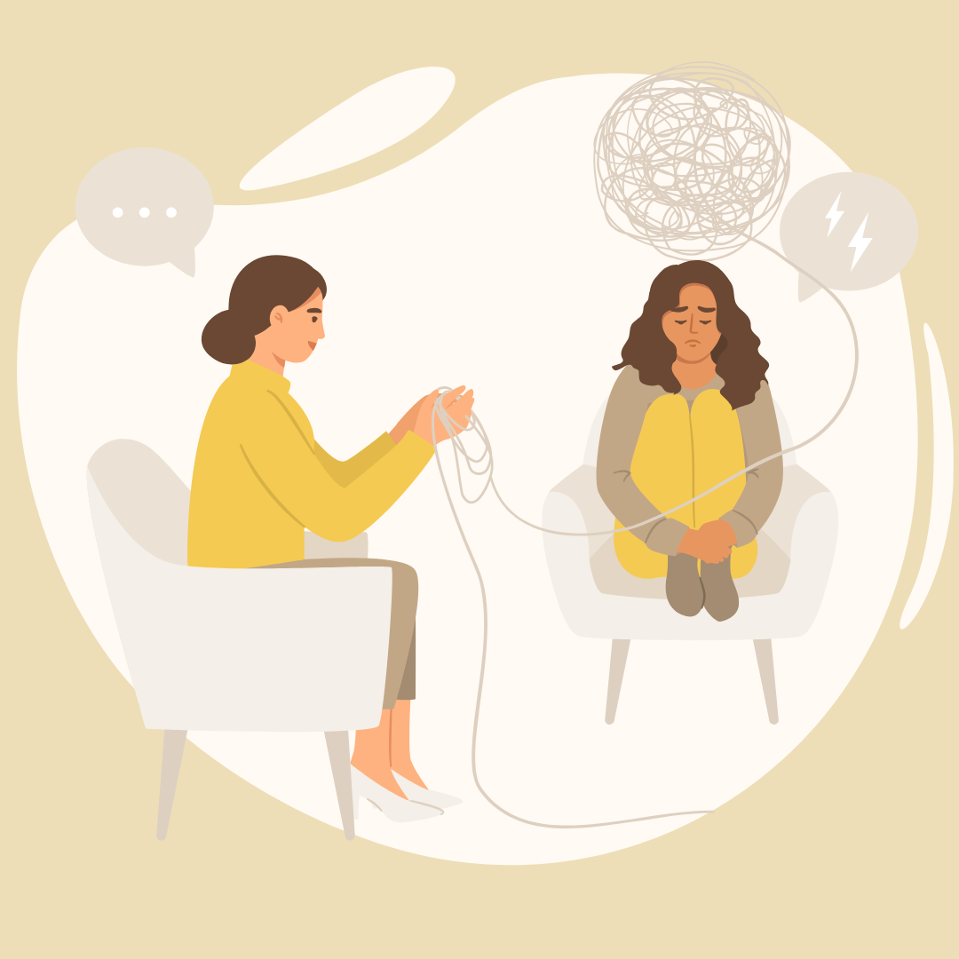 Illustration of two women sitting in chairs having an emotional conversation. One woman is holding a phone with earphones, appearing calm, while the other looks distressed, with a tangled scribble and lightning bolt in speech bubbles indicating confusion and emotional pain.