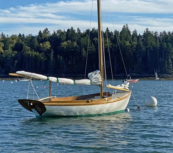 A sailboat anchored on a calm body of water with a forested shoreline in the background.