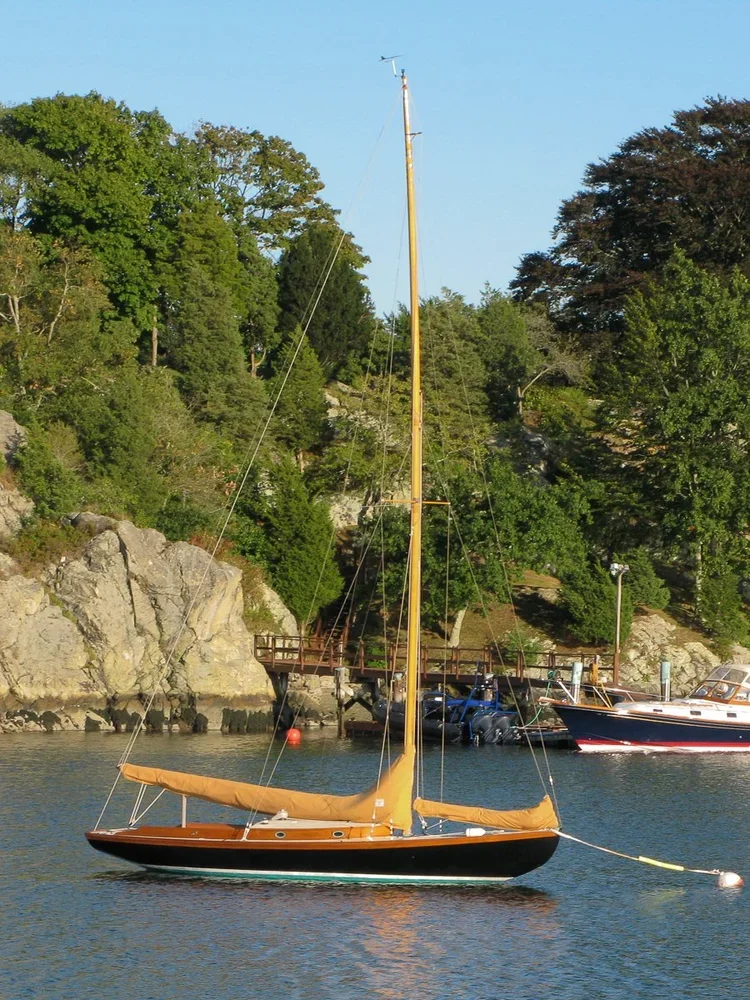 A sailboat with a tan sail cover floating on a calm body of water, with a rocky and wooded shoreline in the background.