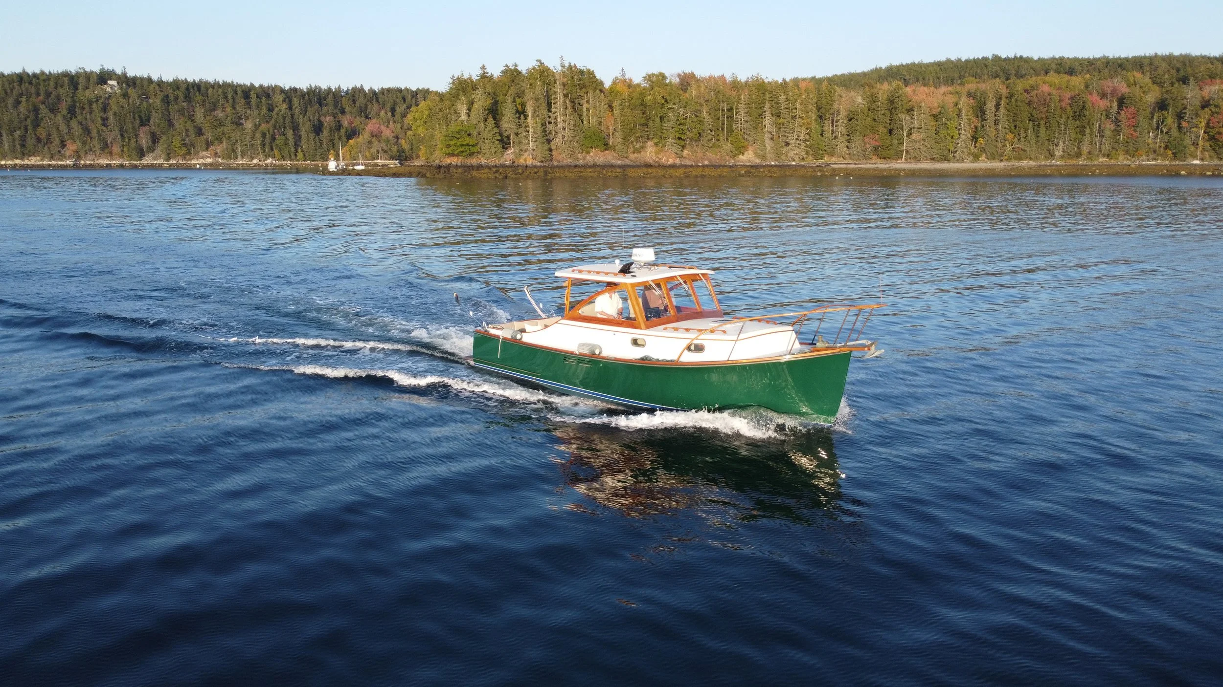 A boat sailing on a calm body of water with a forested shoreline in the background.